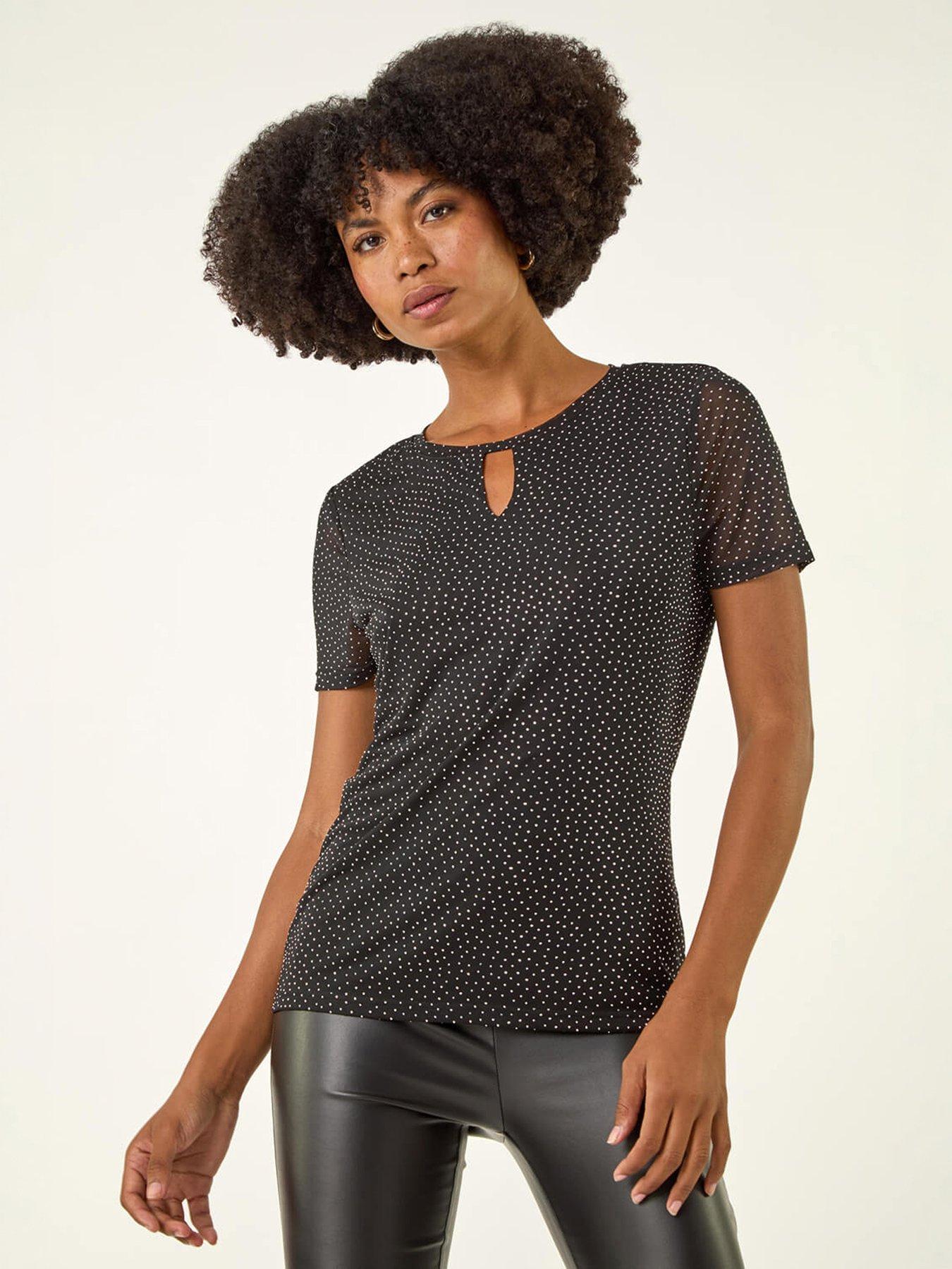 Roman Hotfix Keyhole Stretch Top, Black, Size 10, Women