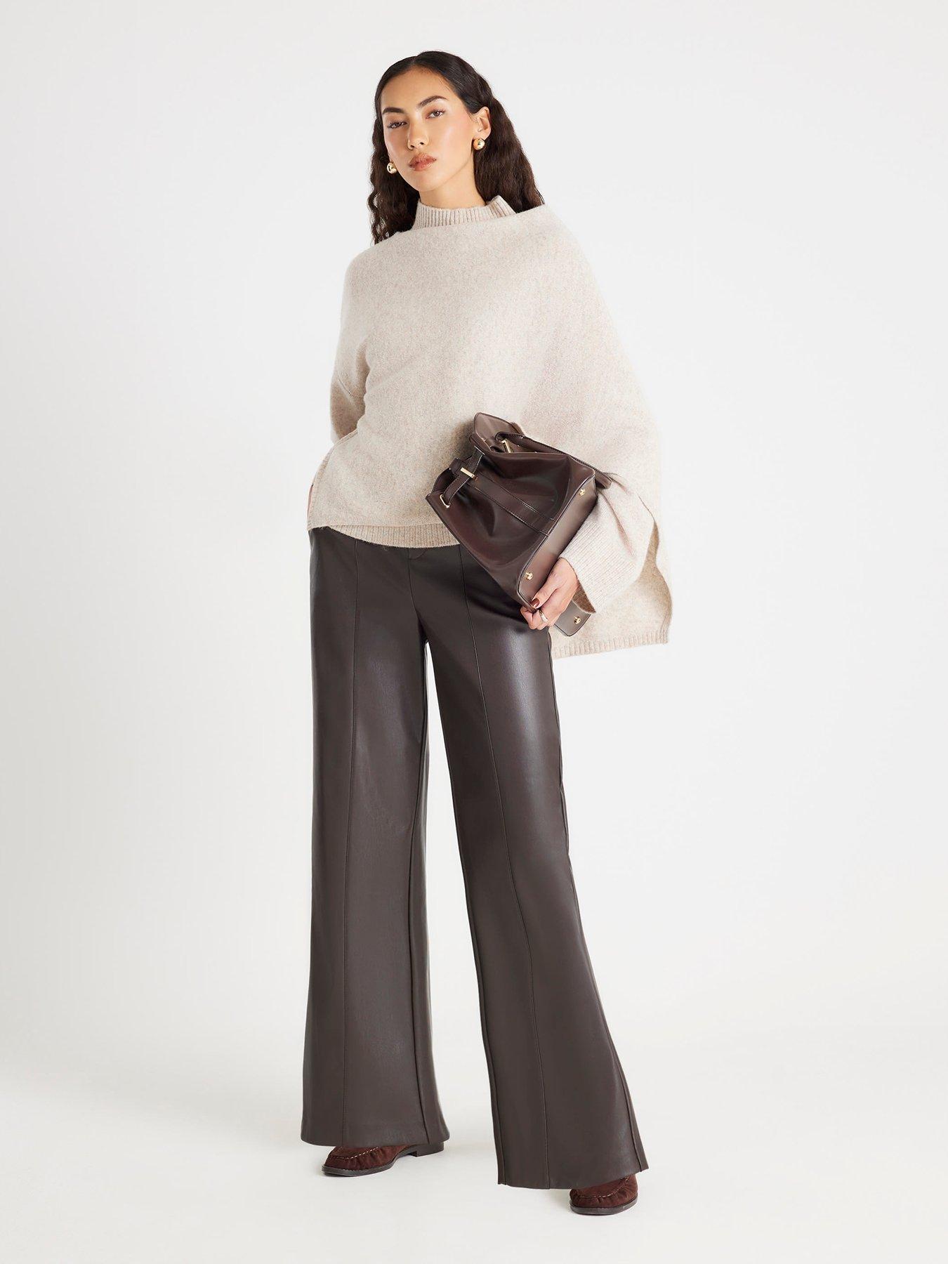 Image 1 of 4 of River Island Belted Wide Leg Trouser - Brown
