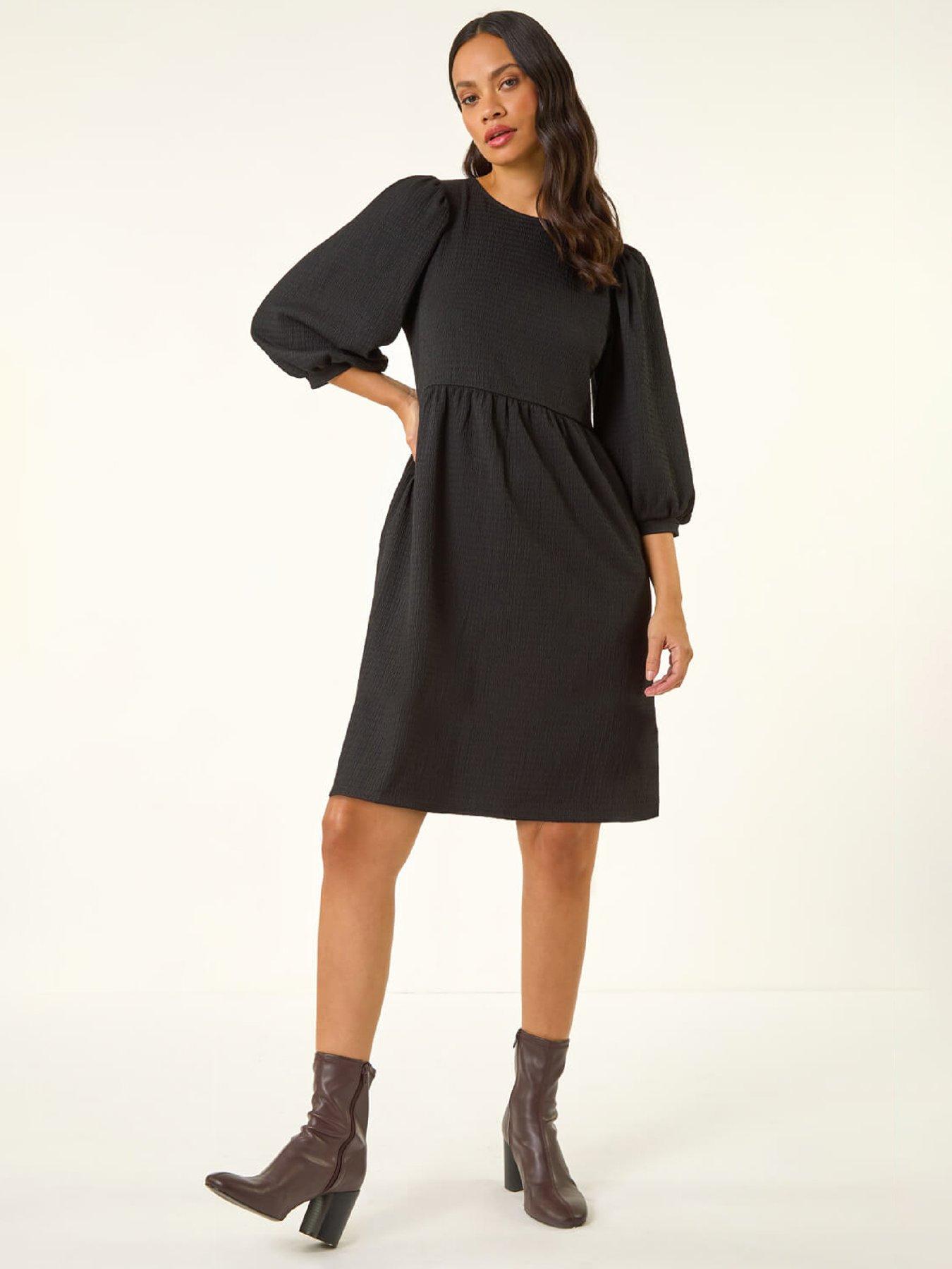Image 1 of 5 of Roman Dusk Textured Blouson Puff Sleeve Dress - Black