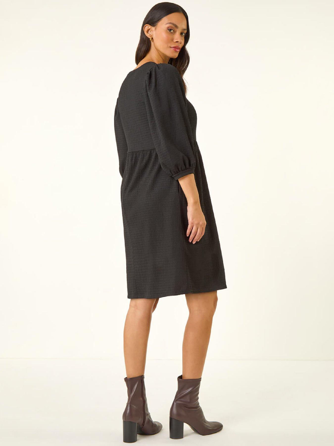 Image 2 of 5 of Roman Dusk Textured Blouson Puff Sleeve Dress - Black
