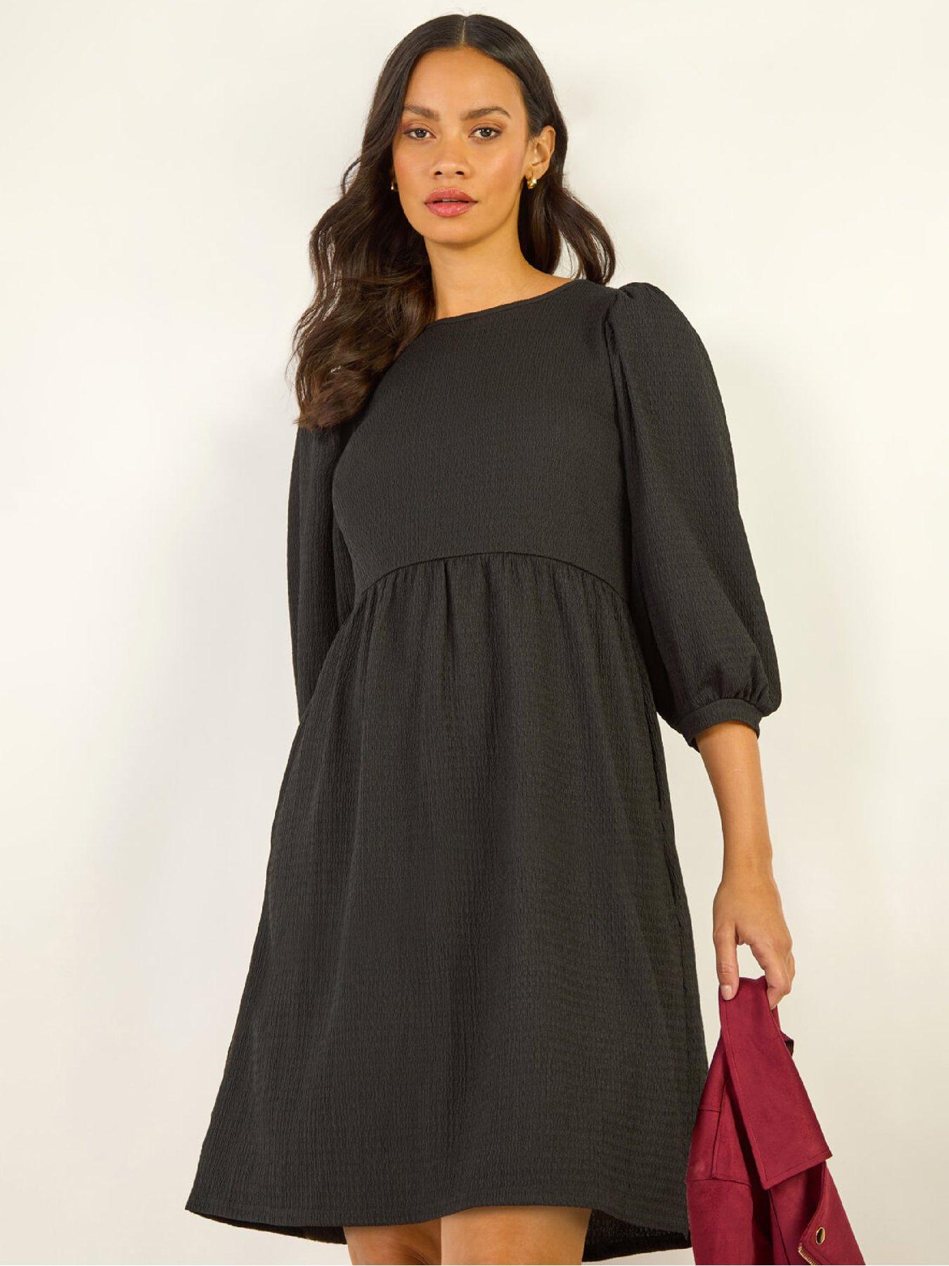 Image 3 of 5 of Roman Dusk Textured Blouson Puff Sleeve Dress - Black