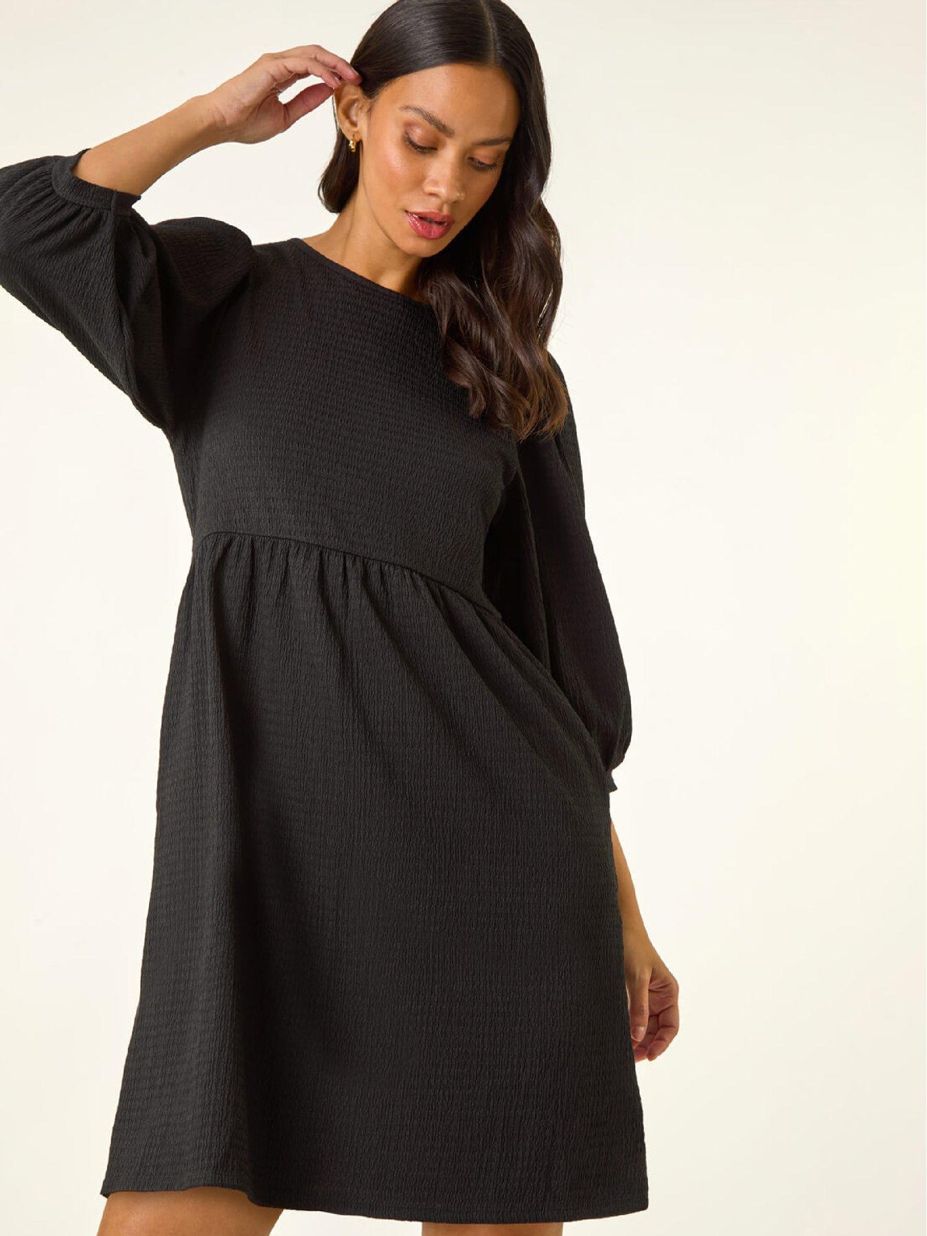 Image 4 of 5 of Roman Dusk Textured Blouson Puff Sleeve Dress - Black