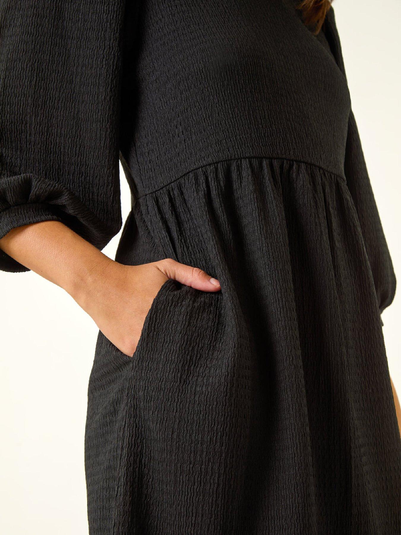 Image 5 of 5 of Roman Dusk Textured Blouson Puff Sleeve Dress - Black