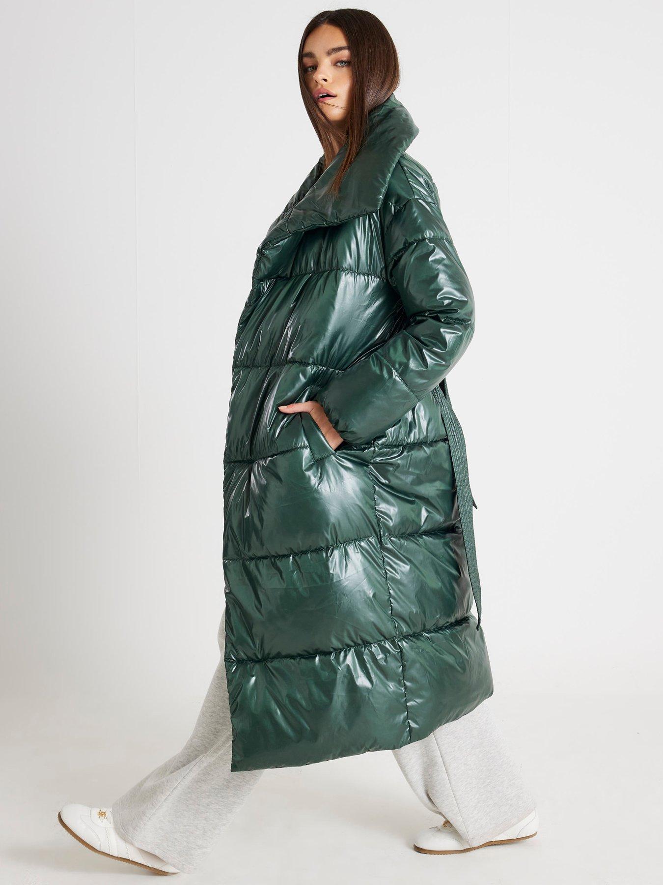 Image 3 of 4 of River Island High Shine Duvet Padded Coat - Green