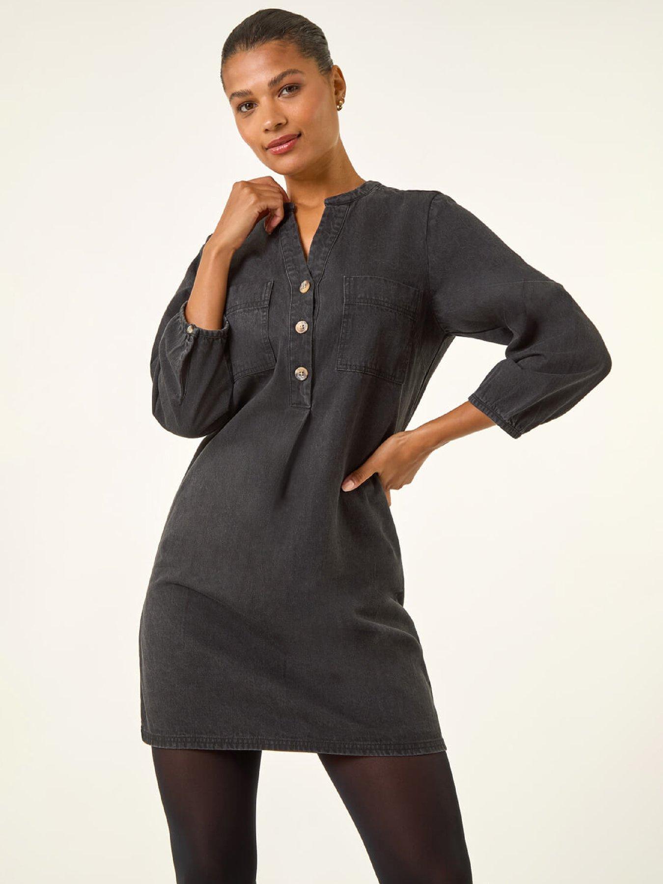 roman-cotton-denim-button-shift-dress-black