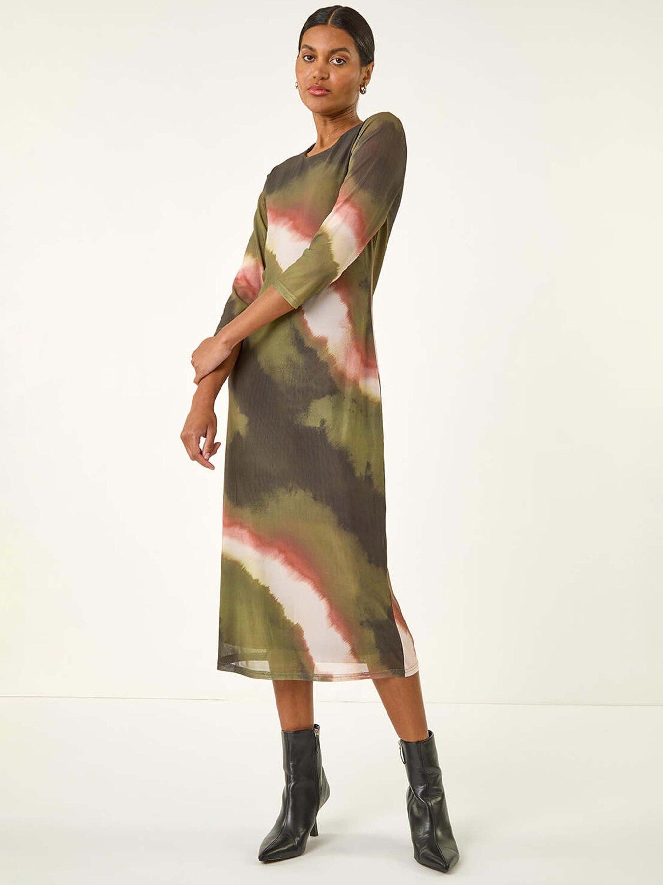 Roman Abstract Print Mesh Stretch Midi Dress - Khaki