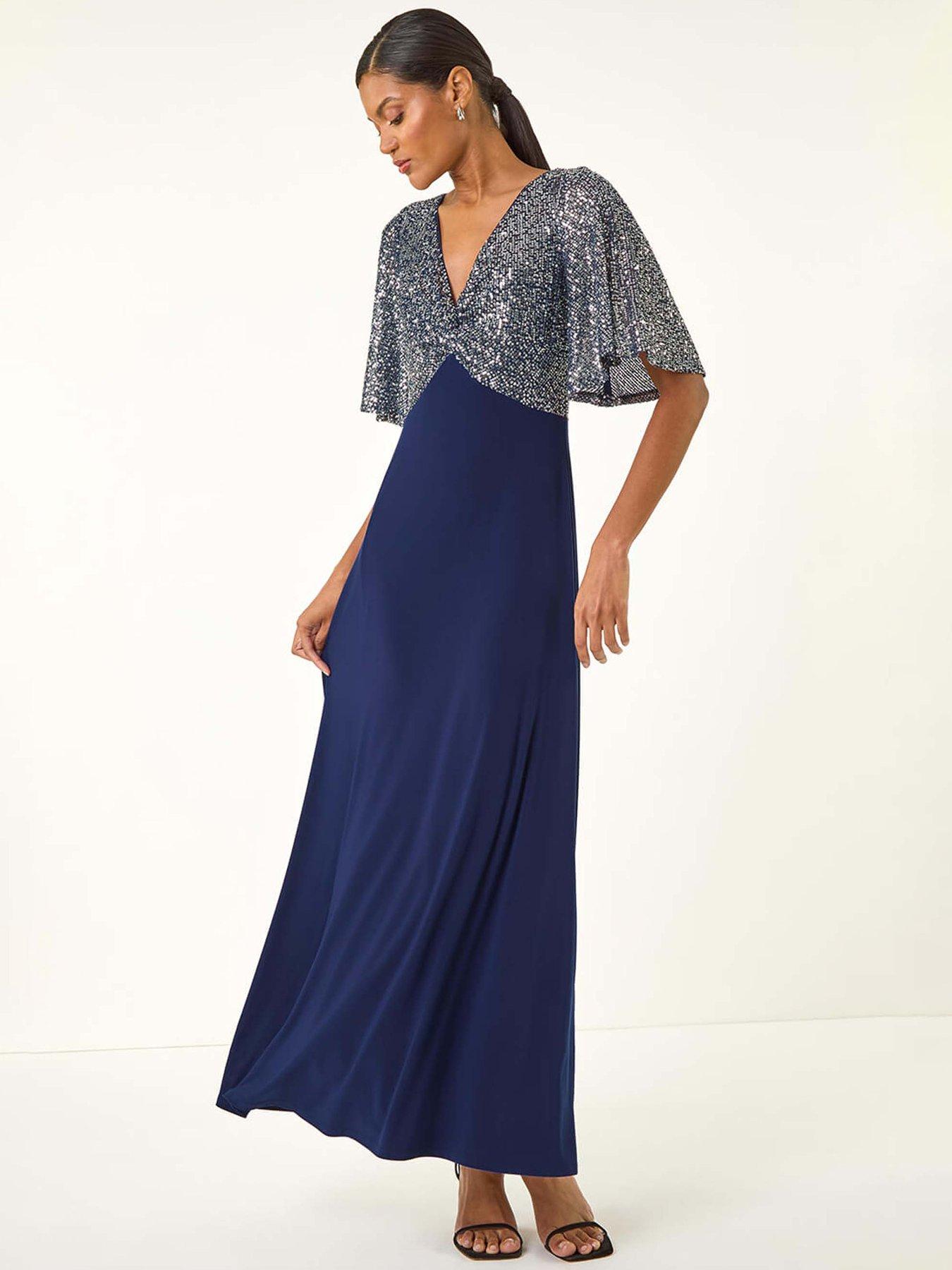 Roman Sequin Flutter Sleeve Midi Dress - Navy | Very