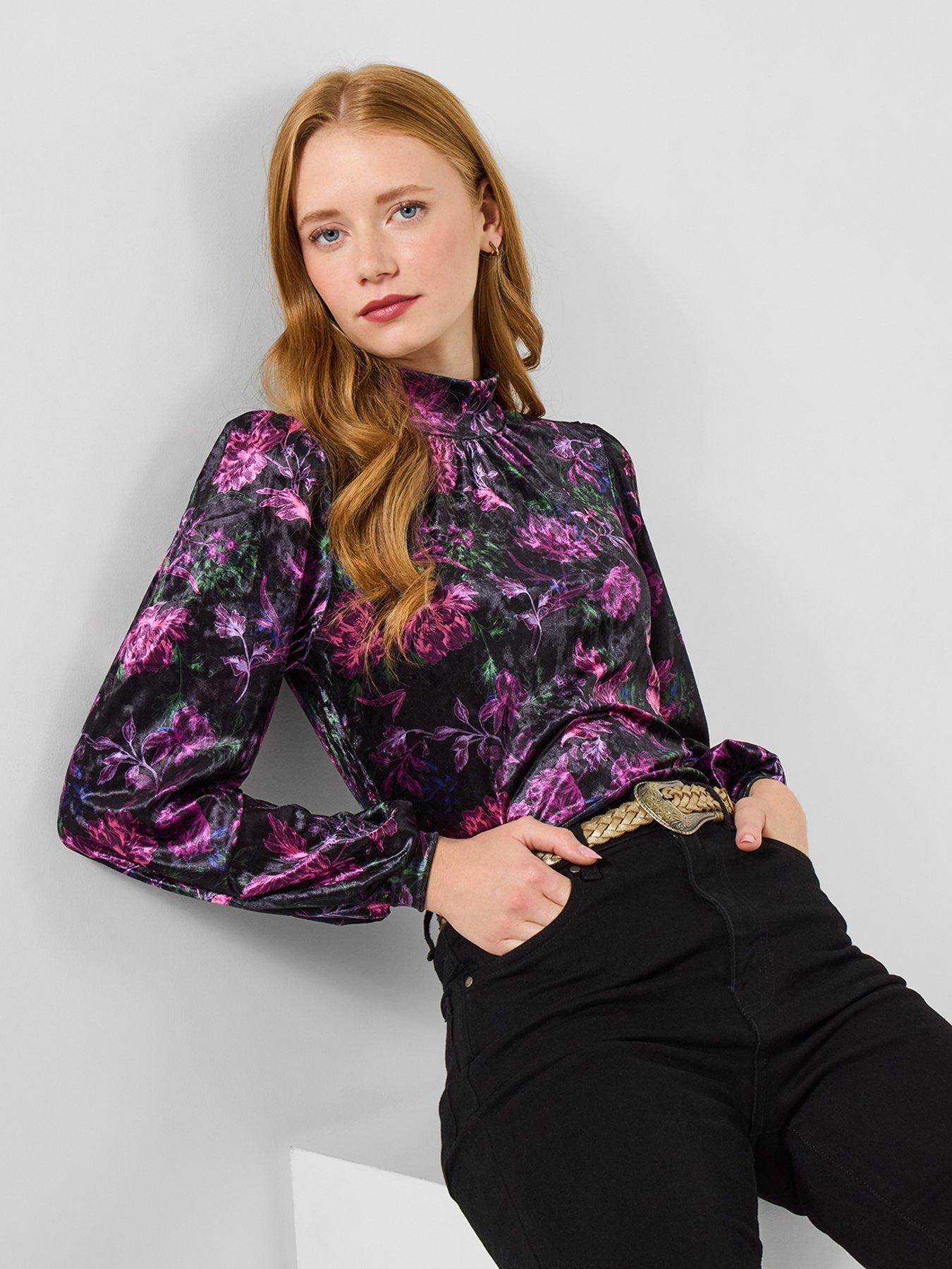 Joe Browns Gracie Printed Velour High Neck Top, Black, Size 8, Women
