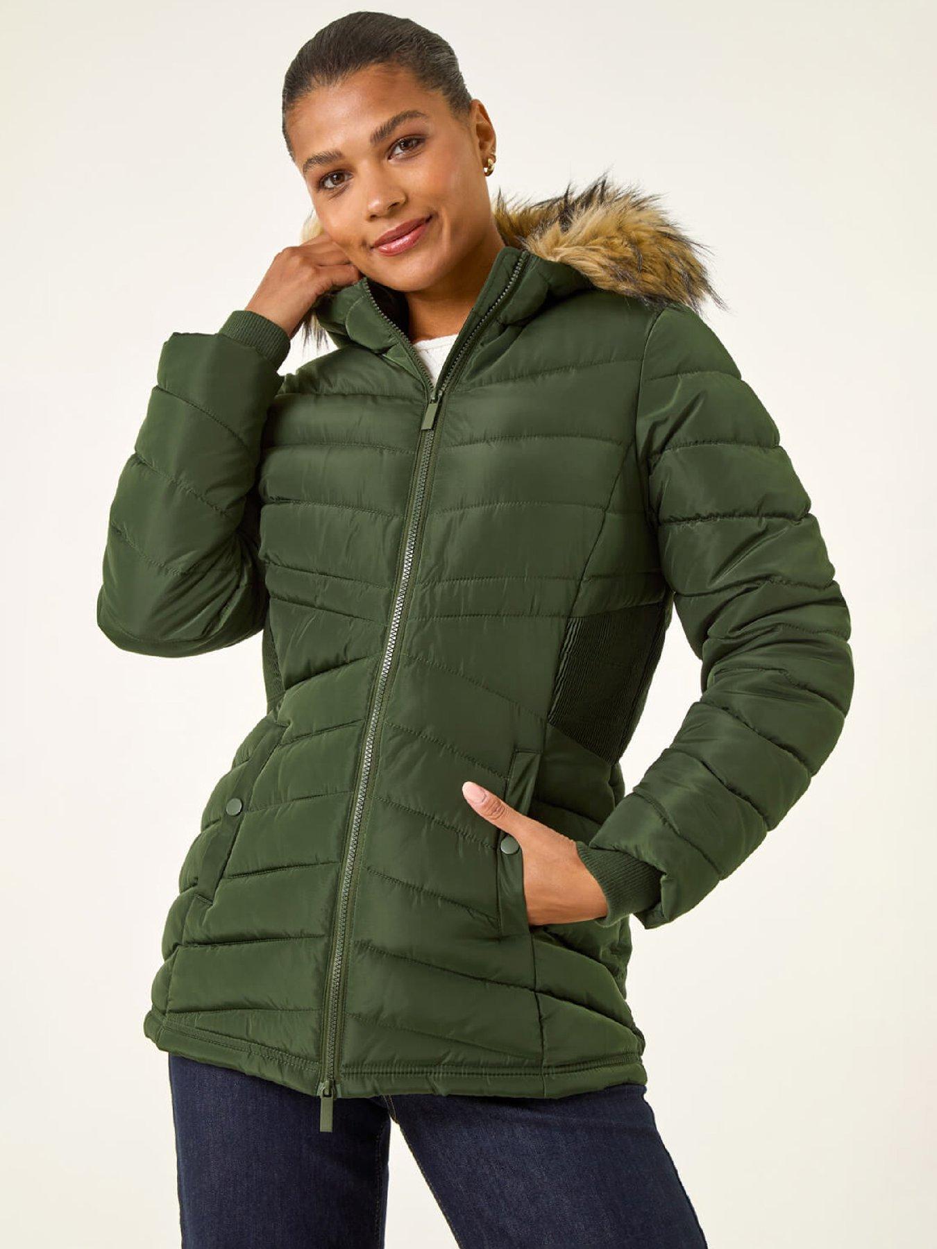 Roman Women's Khaki Faux Fur Hooded Quilt Coat In | : Size 16 - Image 3