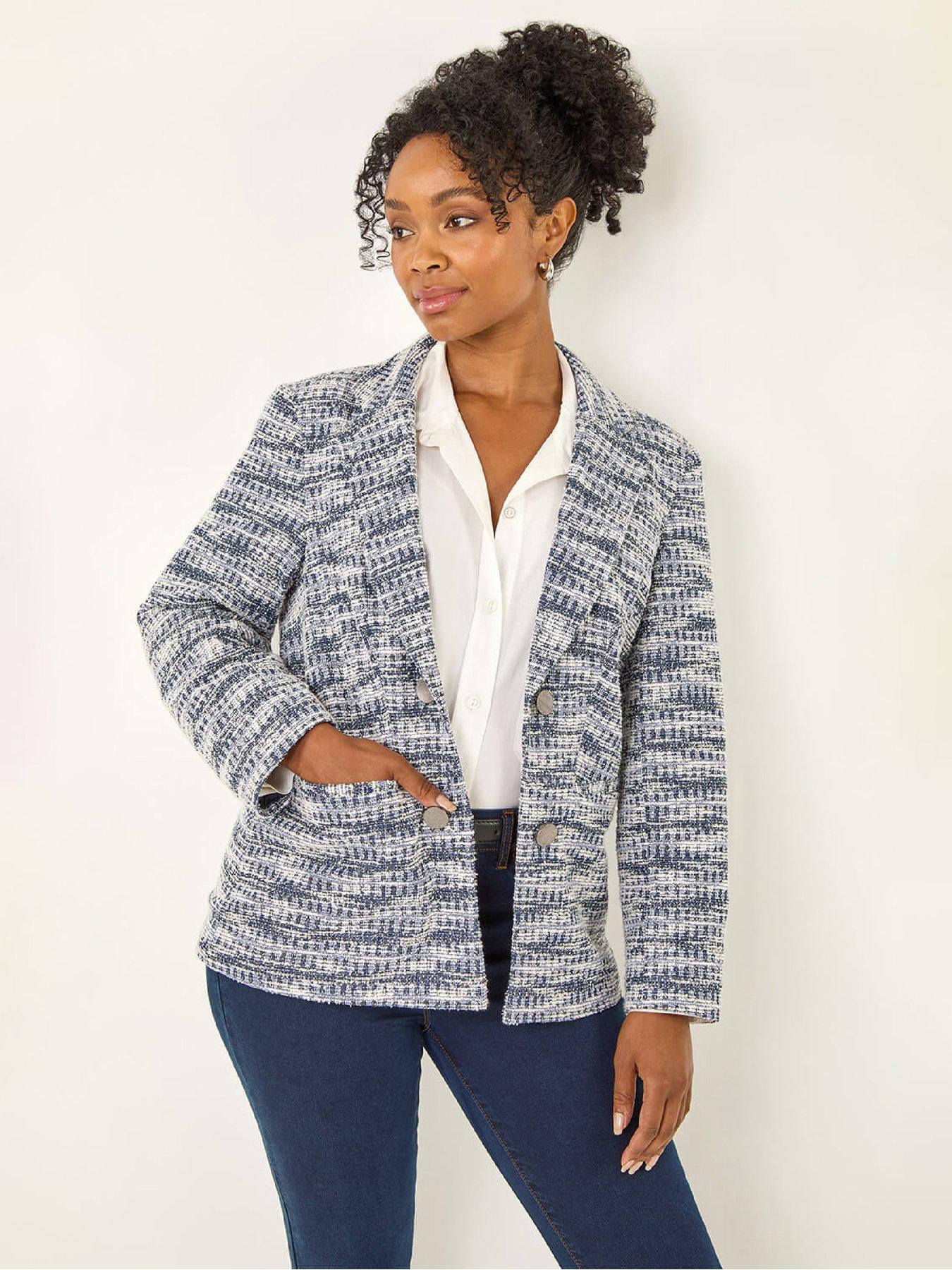 Roman Petite Women's Navy Collared Boucle Jacket Size 14 - Image 8