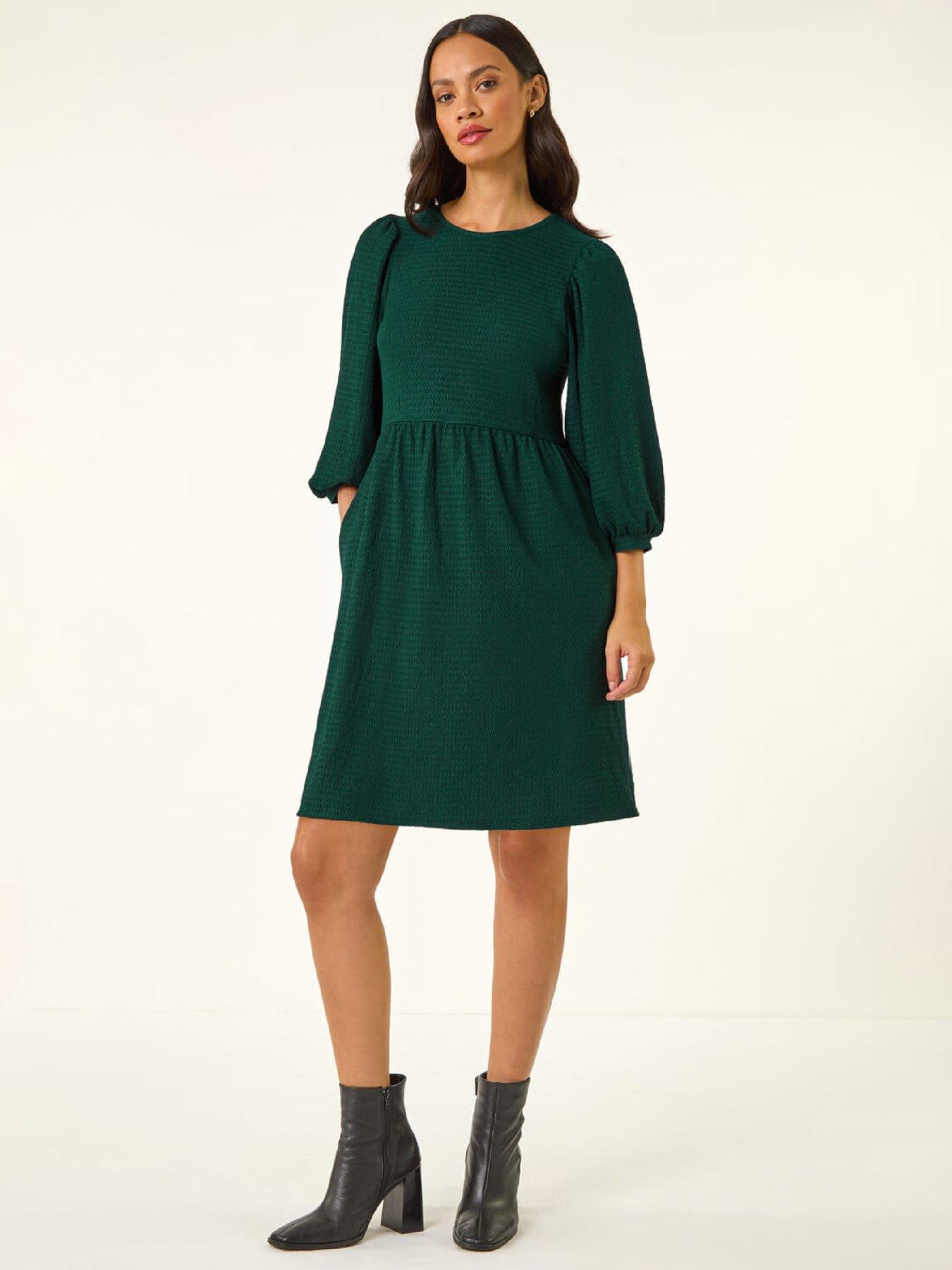 Roman Dusk Textured Blouson Puff Sleeve Dress - Teal