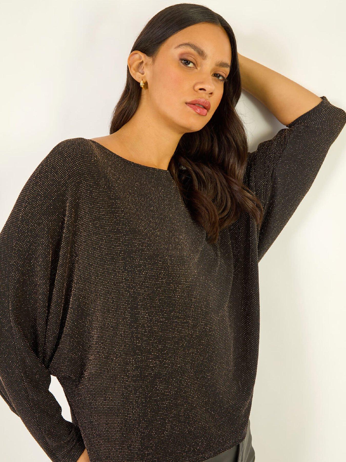 Roman Dusk Shimmer Batwing Stretch Top - Black