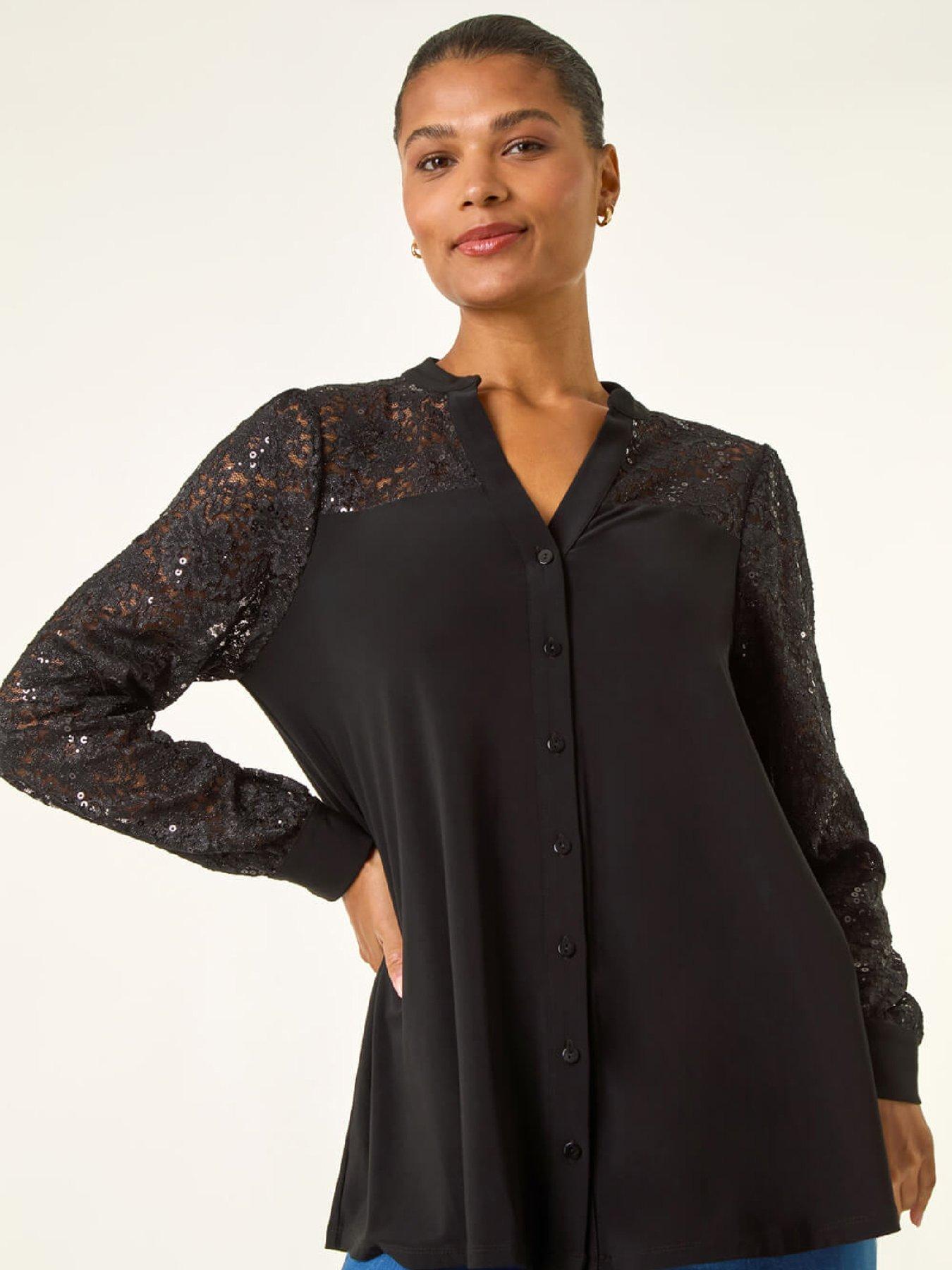 Roman Sequin Insert Stretch Blouse - Black
