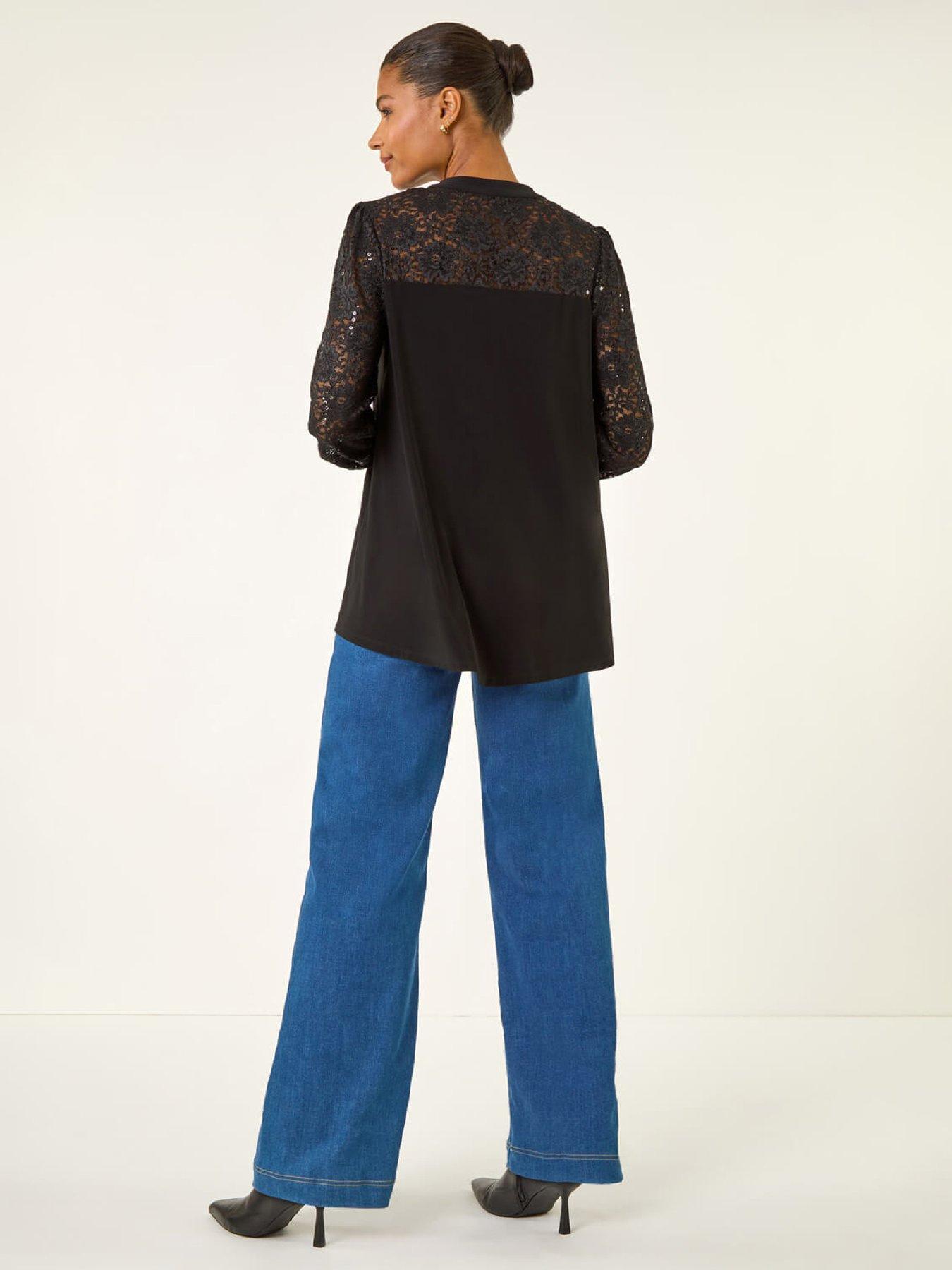 Image 2 of 5 of Roman Sequin Insert Stretch Blouse - Black