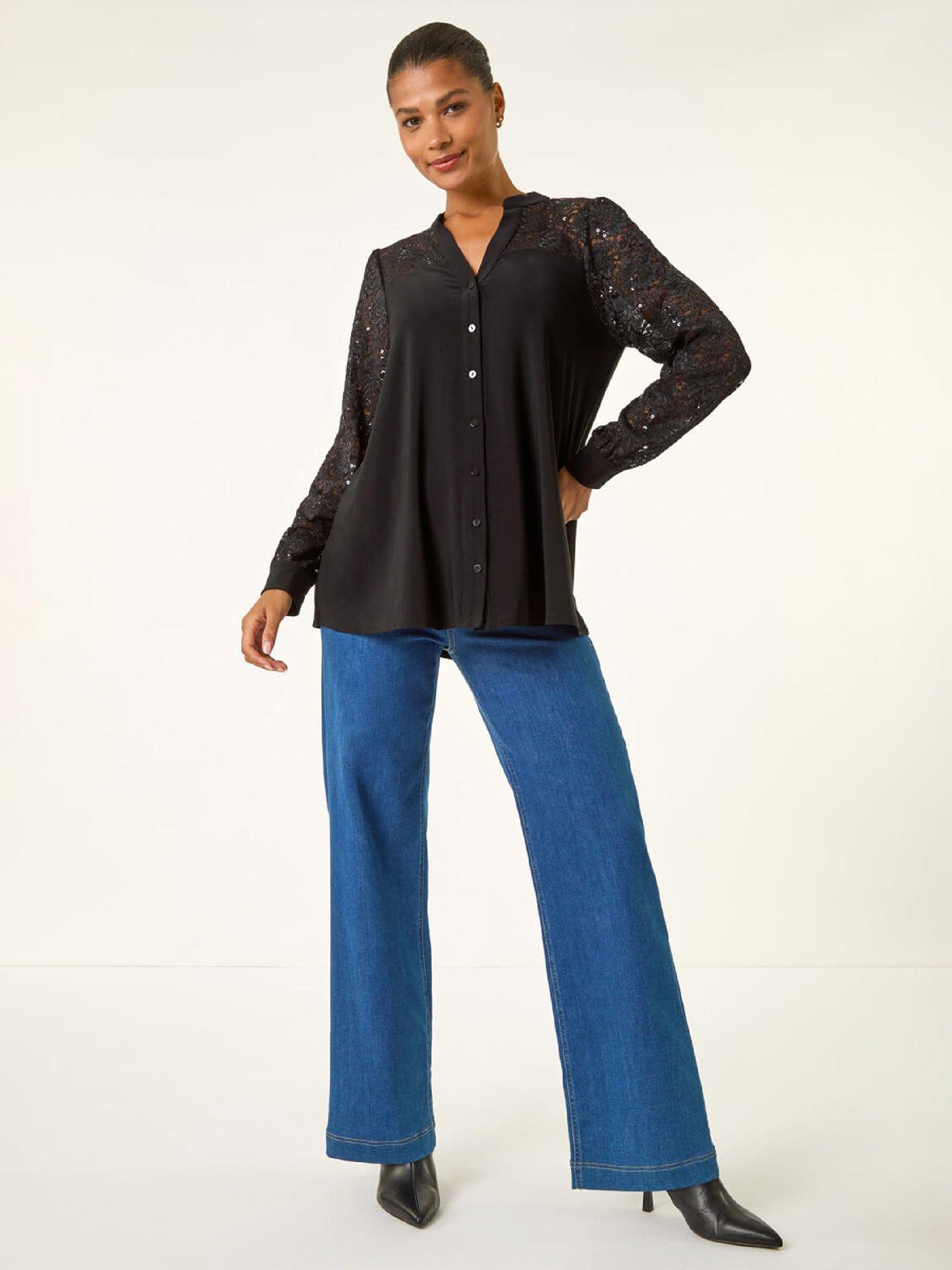 Image 3 of 5 of Roman Sequin Insert Stretch Blouse - Black