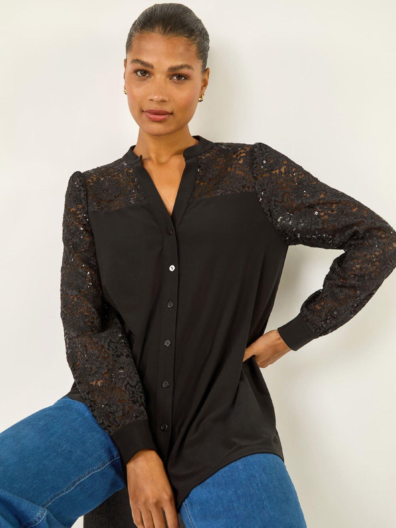 Image 4 of 5 of Roman Sequin Insert Stretch Blouse - Black