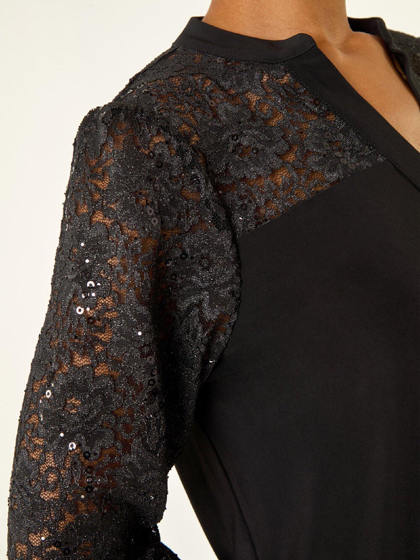 Image 5 of 5 of Roman Sequin Insert Stretch Blouse - Black