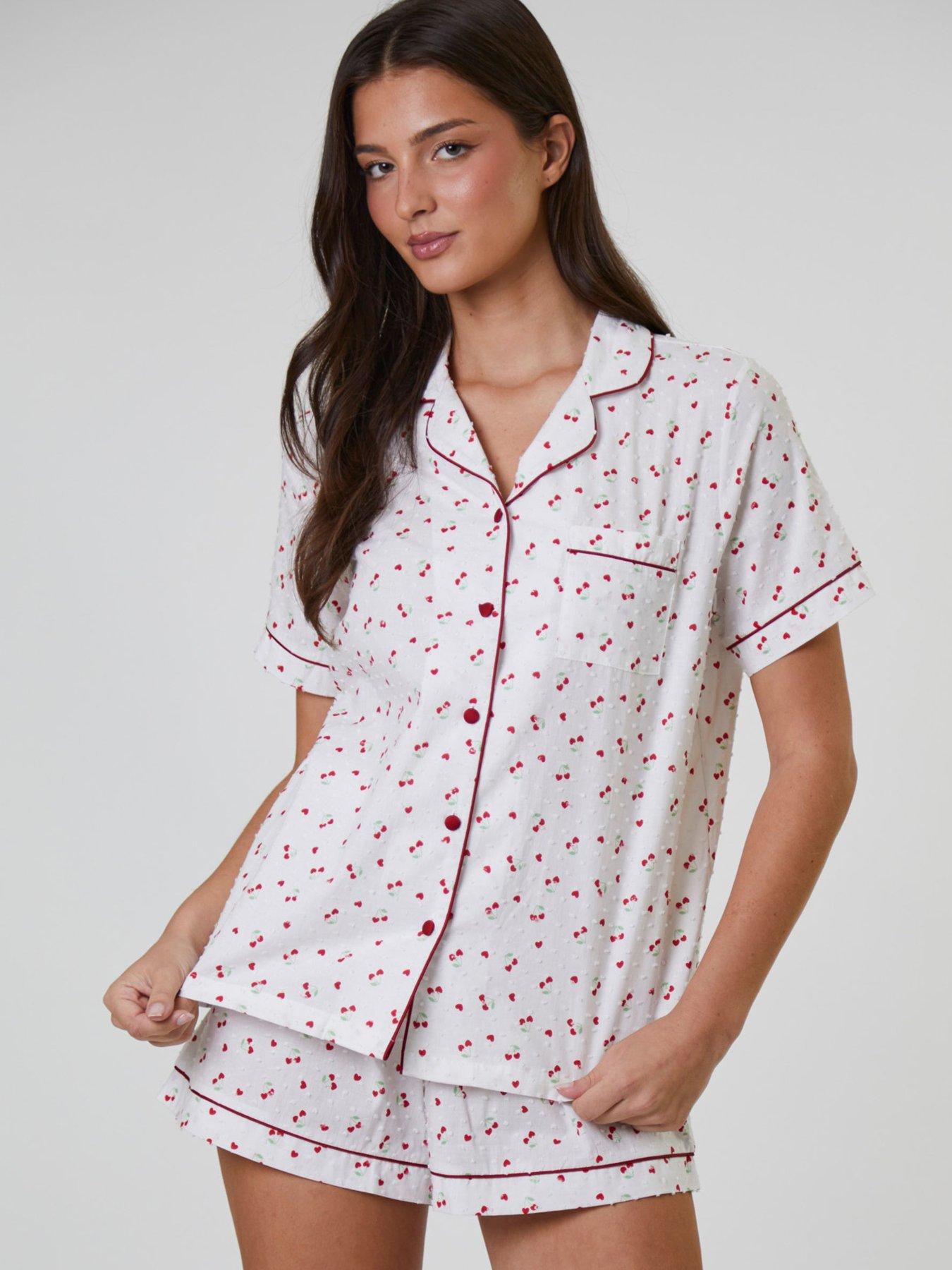 Image 1 of 5 of Loungeable Cherry Printed Dobby Short Sleeve And Short Set - White