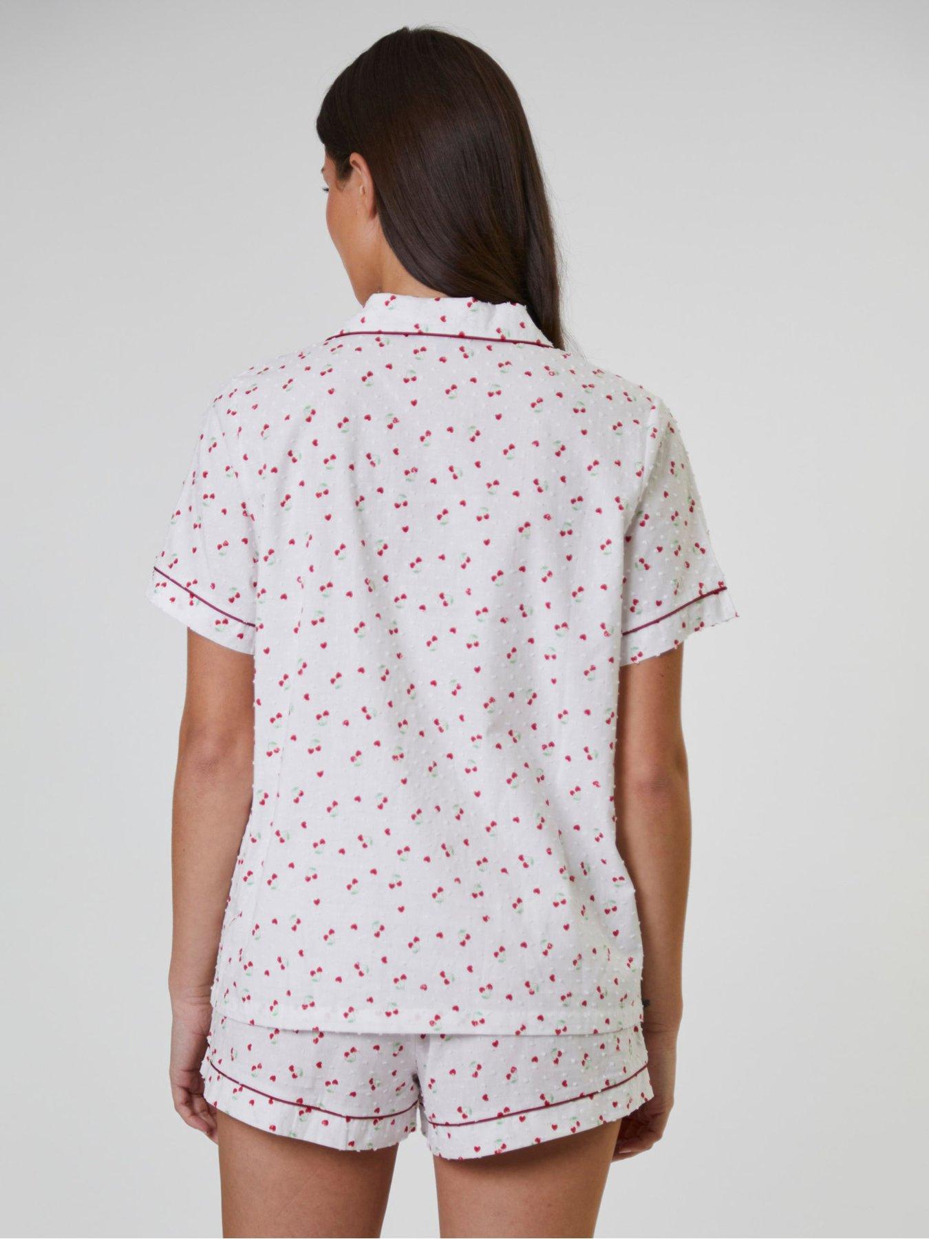 Image 2 of 5 of Loungeable Cherry Printed Dobby Short Sleeve And Short Set - White