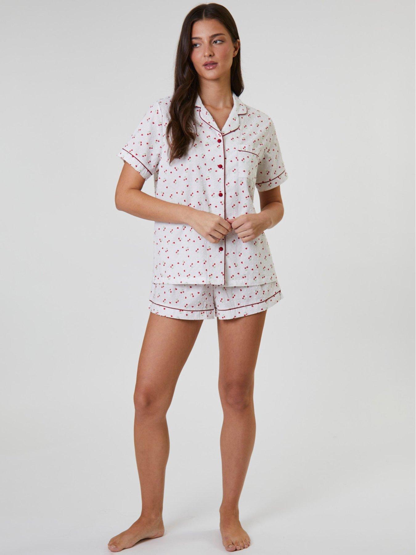 Image 3 of 5 of Loungeable Cherry Printed Dobby Short Sleeve And Short Set - White