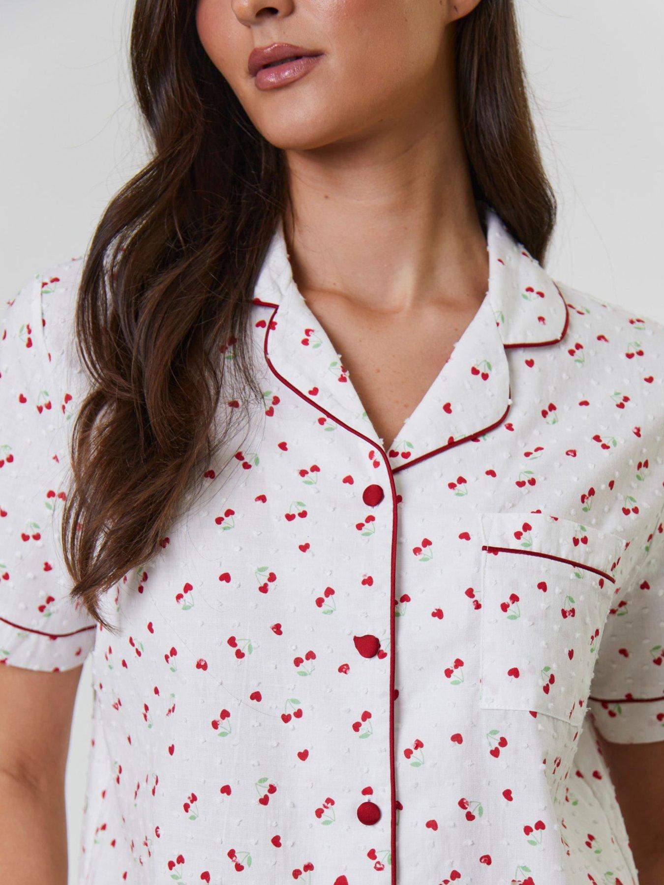 Image 4 of 5 of Loungeable Cherry Printed Dobby Short Sleeve And Short Set - White