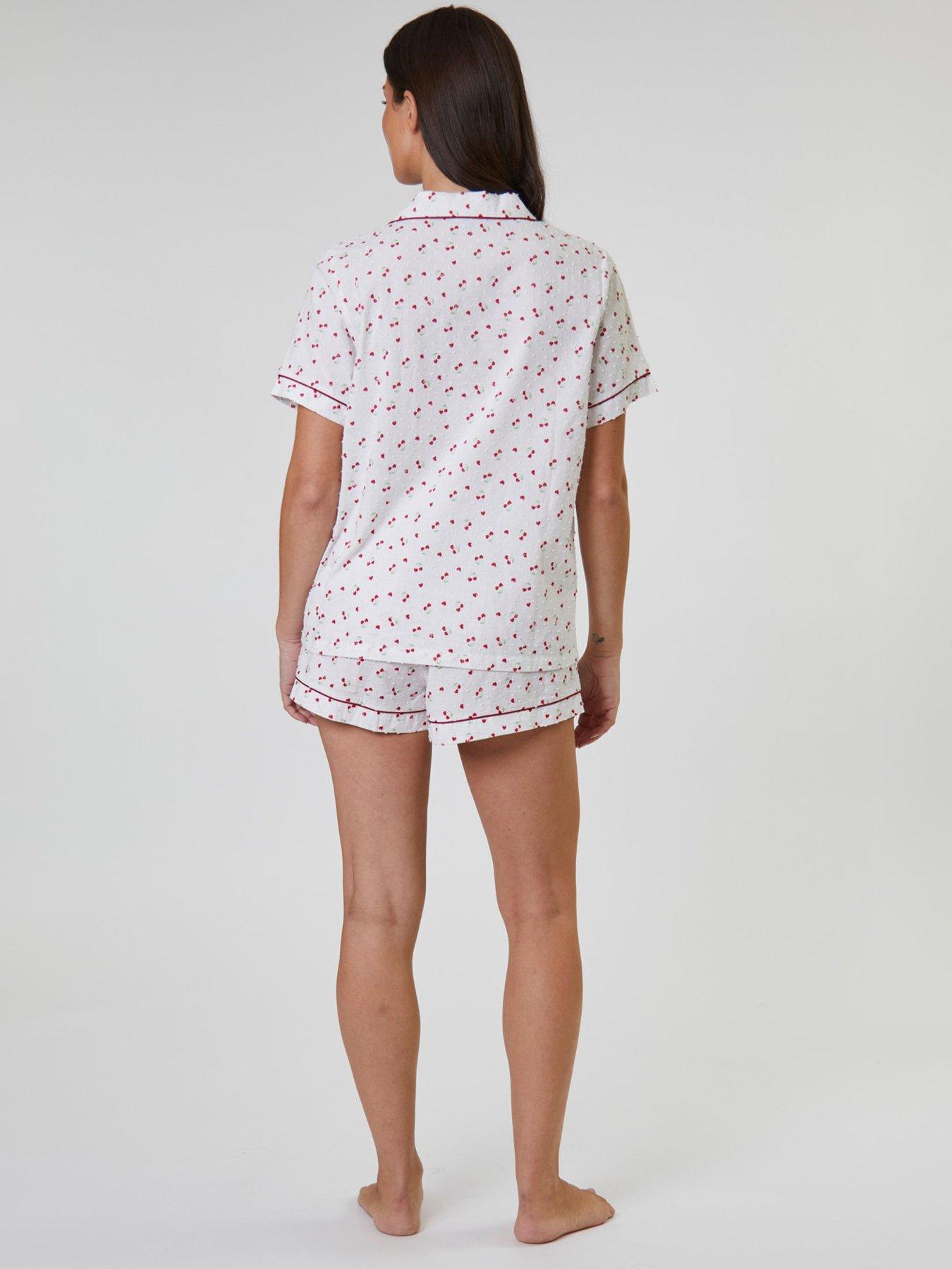 Image 5 of 5 of Loungeable Cherry Printed Dobby Short Sleeve And Short Set - White