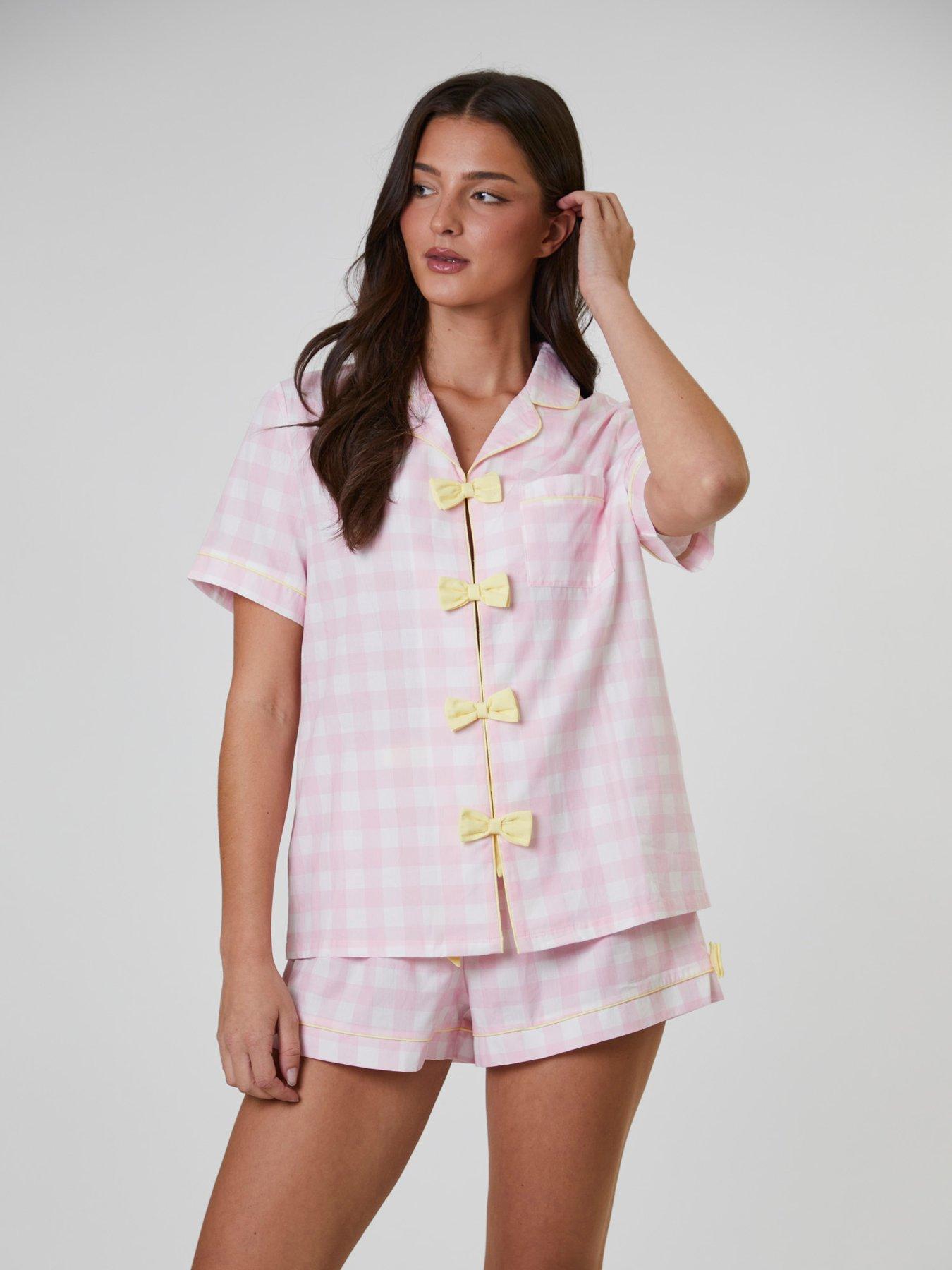 Image 1 of 4 of Loungeable Checked Bow Detail Short Sleeve And Short Set - Pink