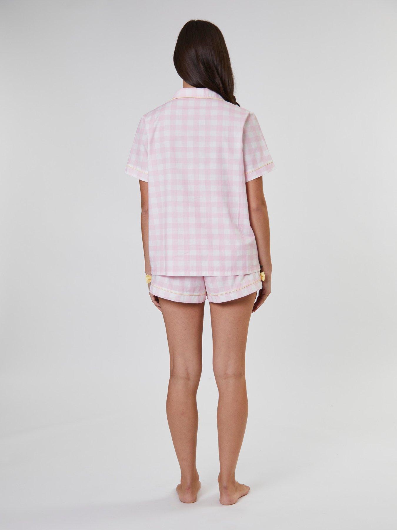Image 2 of 4 of Loungeable Checked Bow Detail Short Sleeve And Short Set - Pink