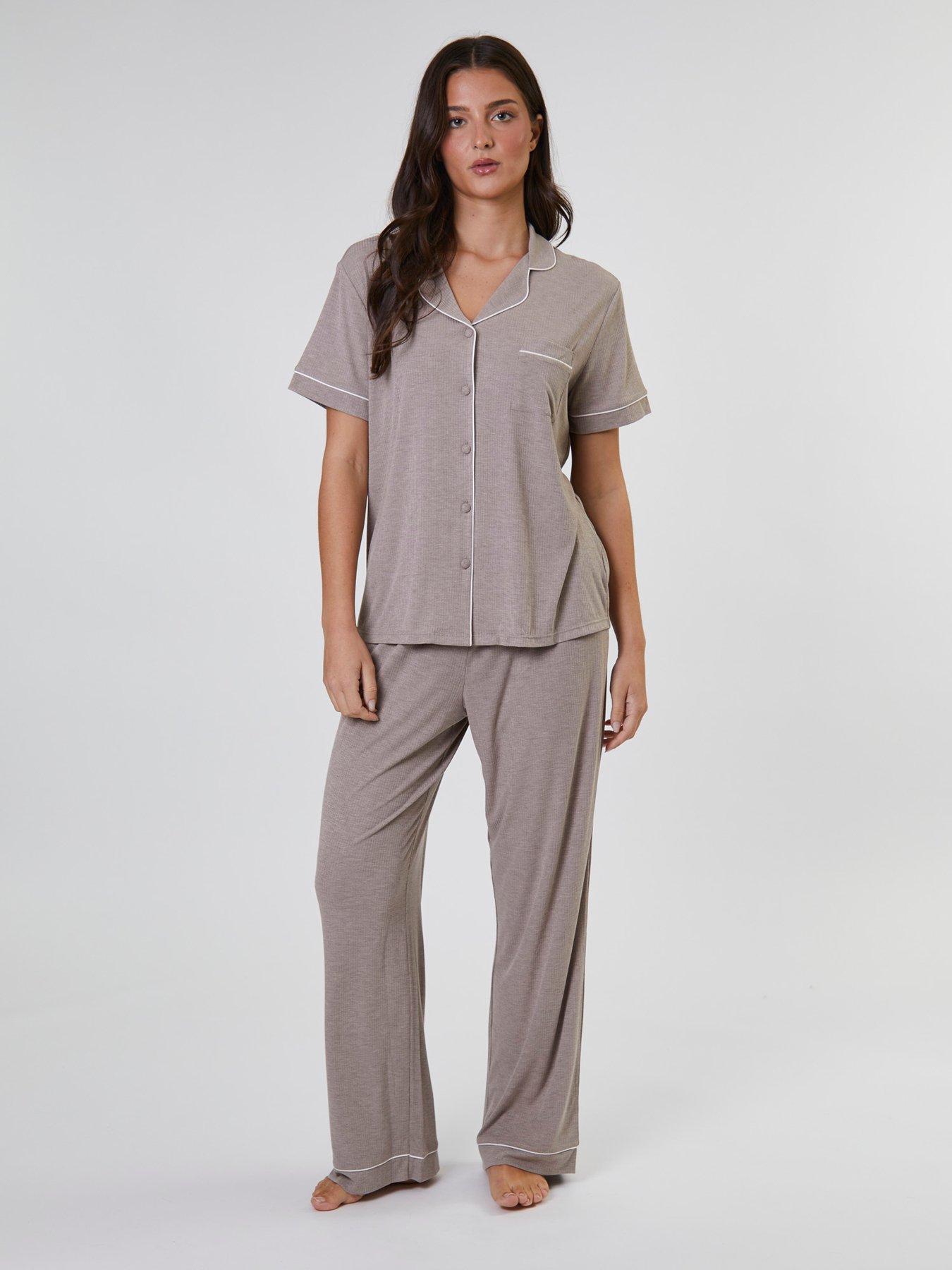 Loungeable Rib Short Sleeve Shirt And Long Trouser Pyjama Set - Beige