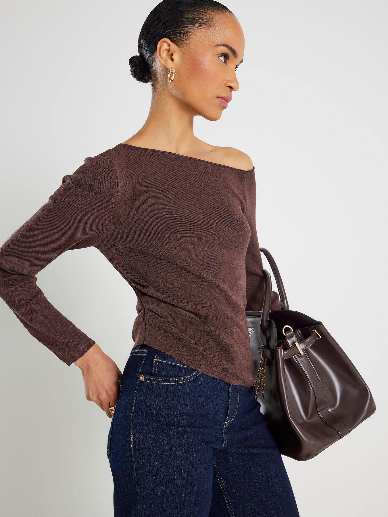 River Island Long Sleeve Fitted Off The Shoulder Top - Brown