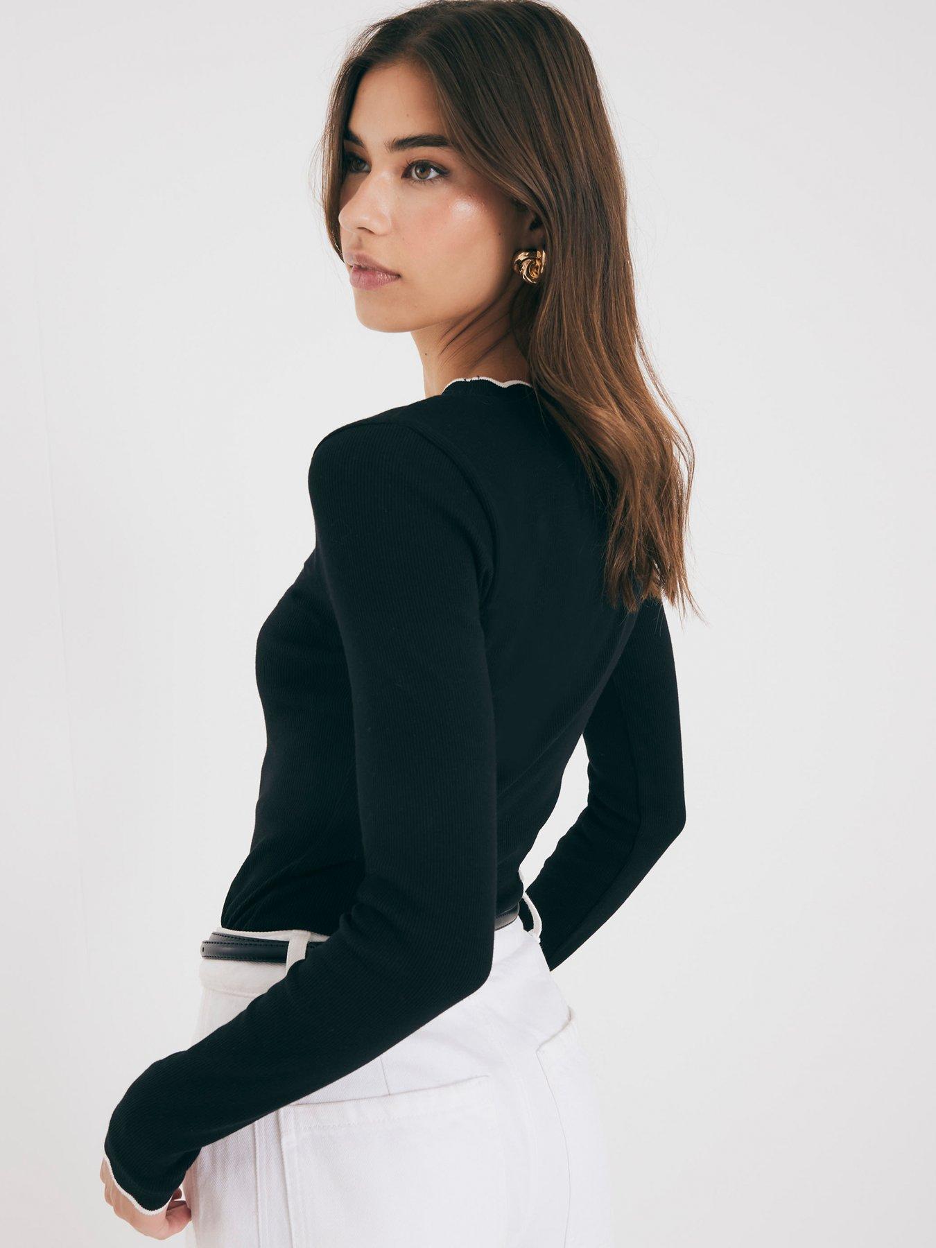Image 2 of 4 of River Island Long Sleeve Scallop Trim Tee - Black