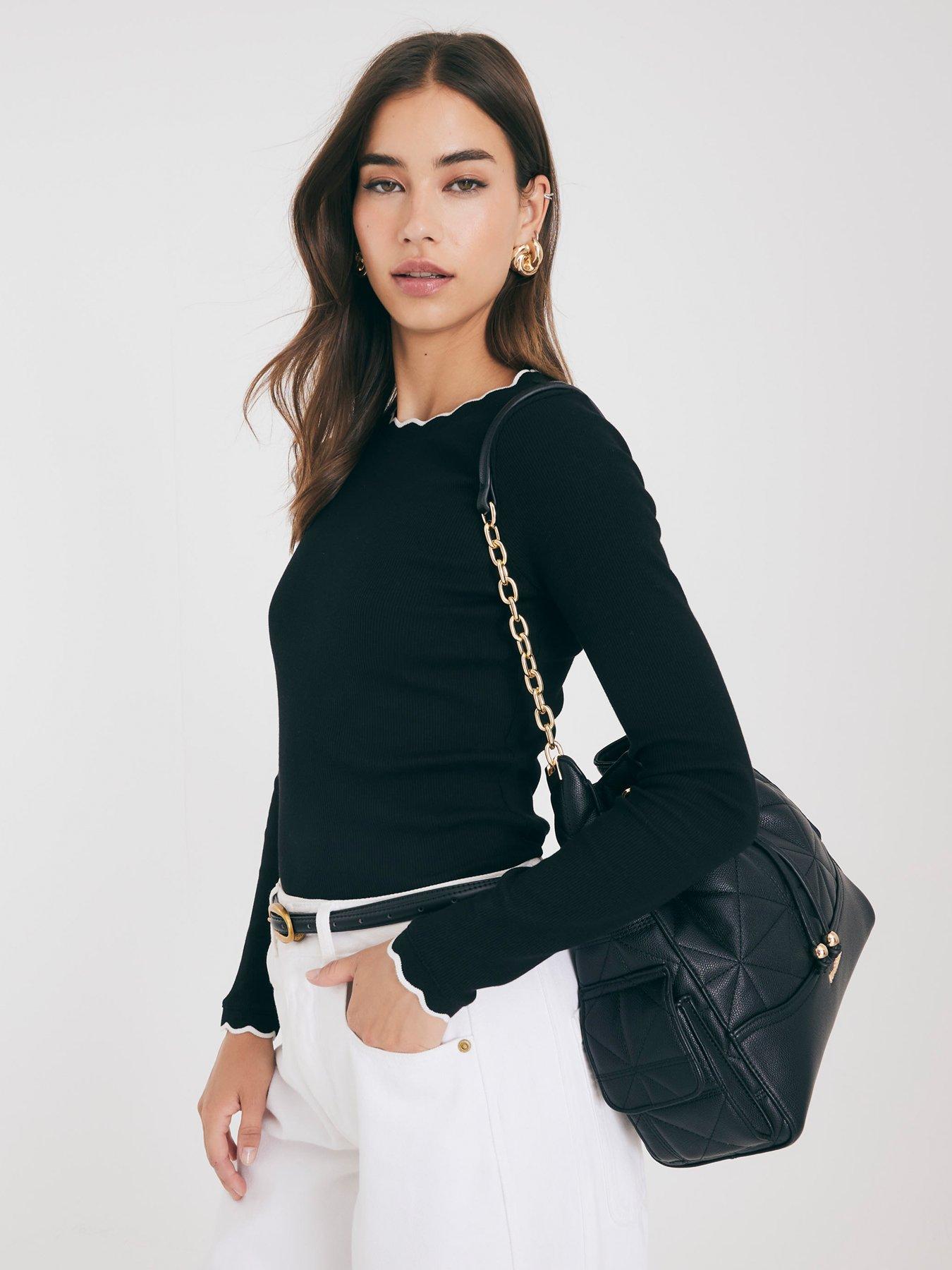 Image 4 of 4 of River Island Long Sleeve Scallop Trim Tee - Black