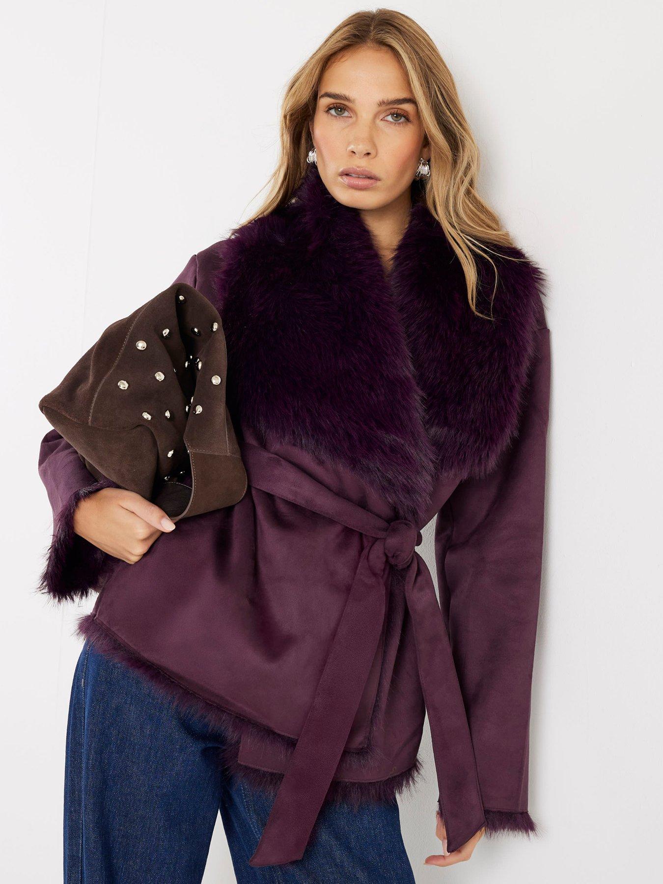 Image 1 of 4 of River Island Red Faux Suede Belted Coat - Red