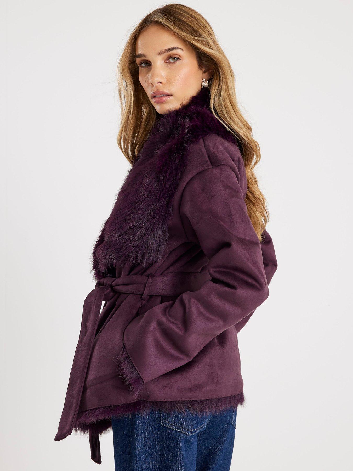 Image 2 of 4 of River Island Red Faux Suede Belted Coat - Red
