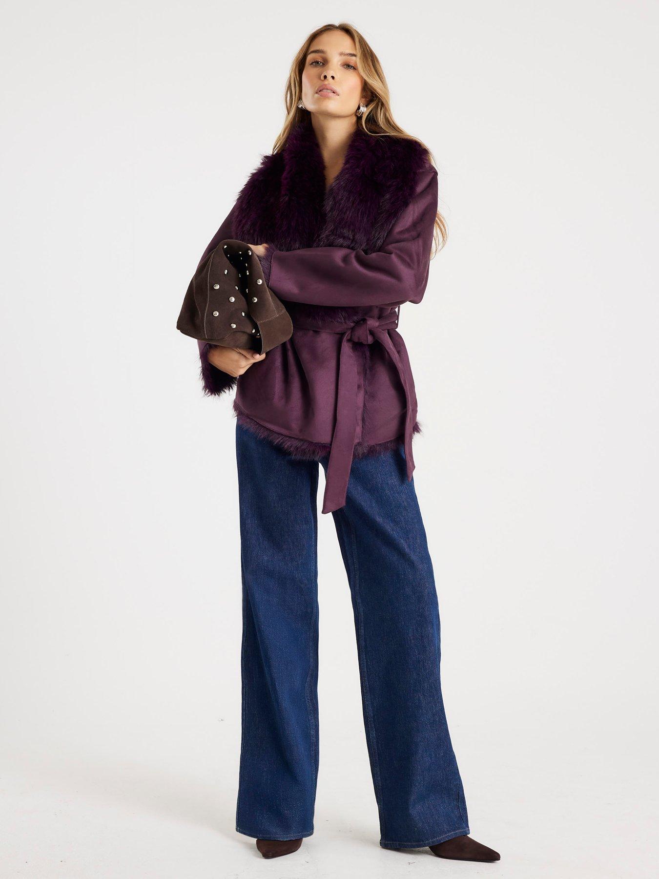 Image 3 of 4 of River Island Red Faux Suede Belted Coat - Red