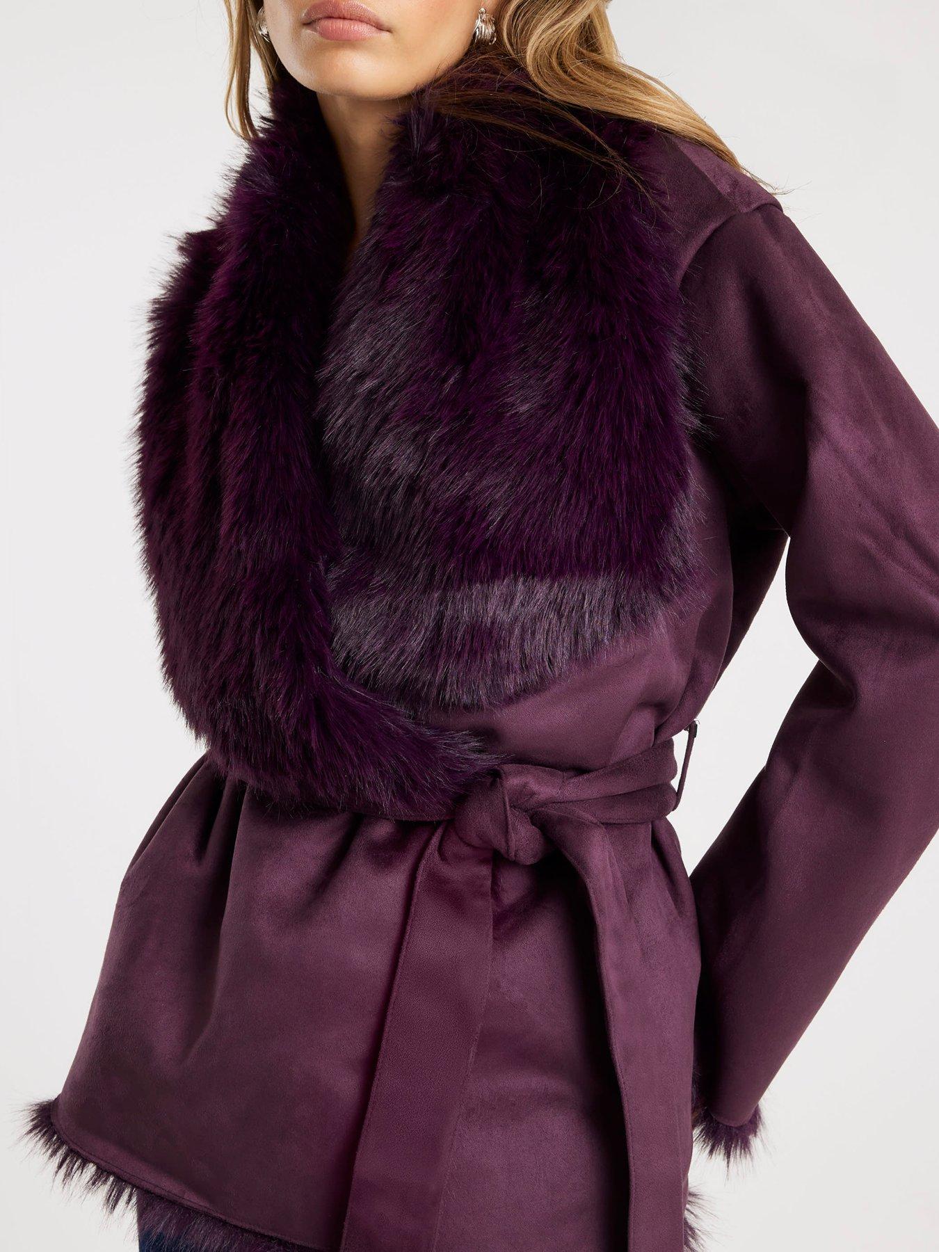 Image 4 of 4 of River Island Red Faux Suede Belted Coat - Red