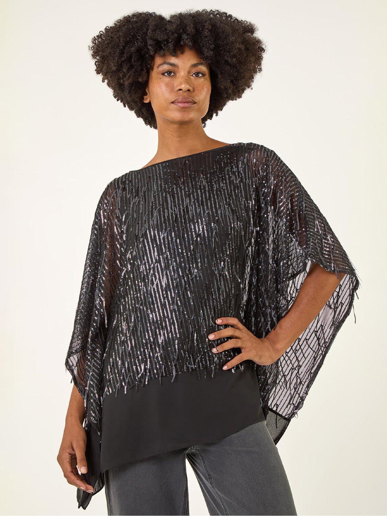 Roman Sequin Mesh Chiffon Hem Top - Dark Grey