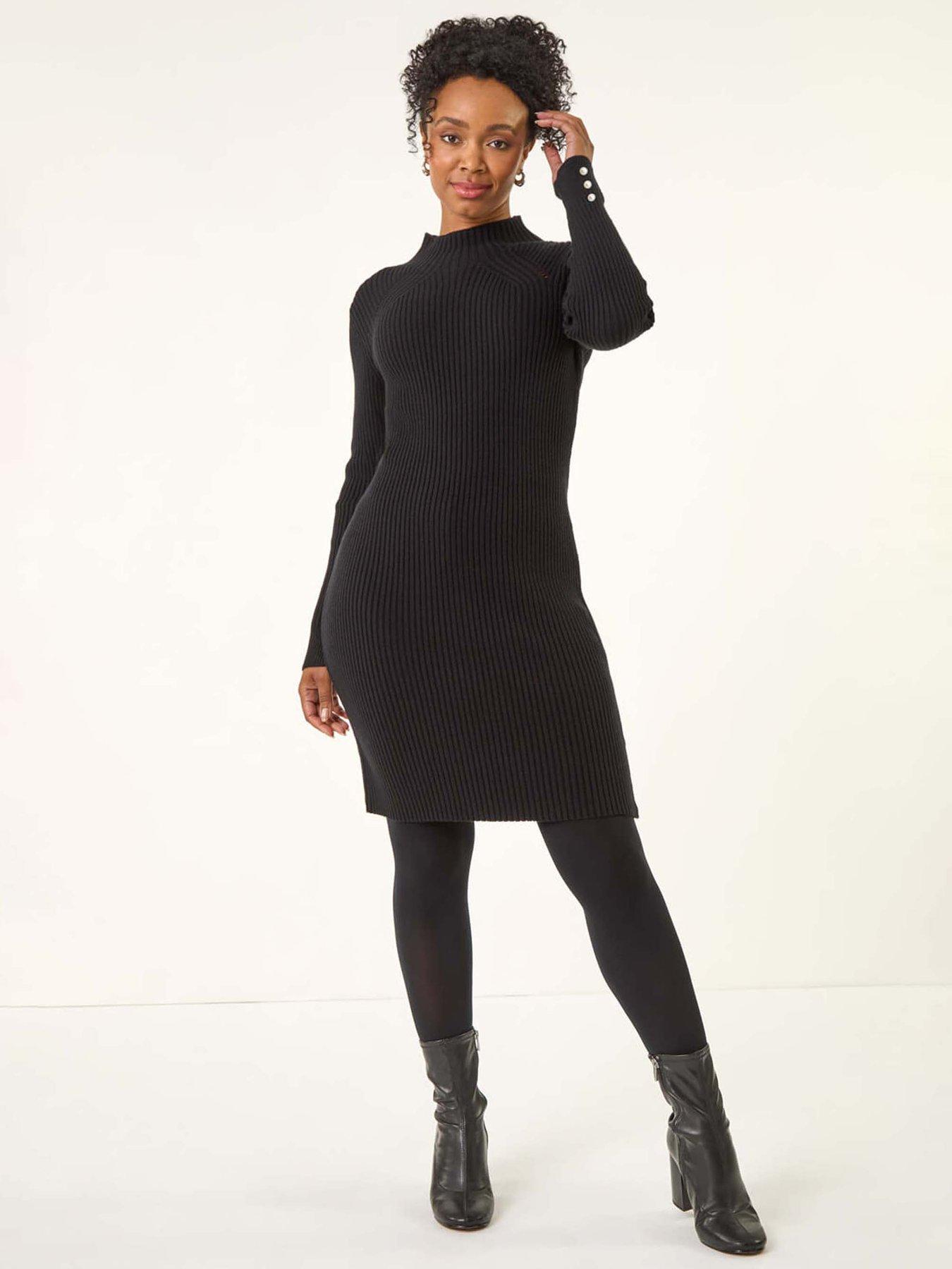 Roman Petite Pearl Knitted Midi Dress - Black | Very
