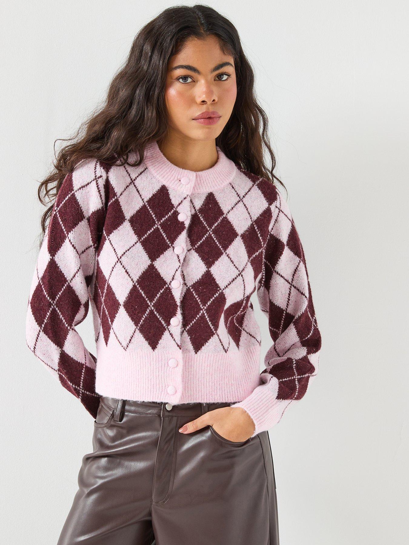 Vero Moda: Long Sleeve Argyle Cardigan - Pink