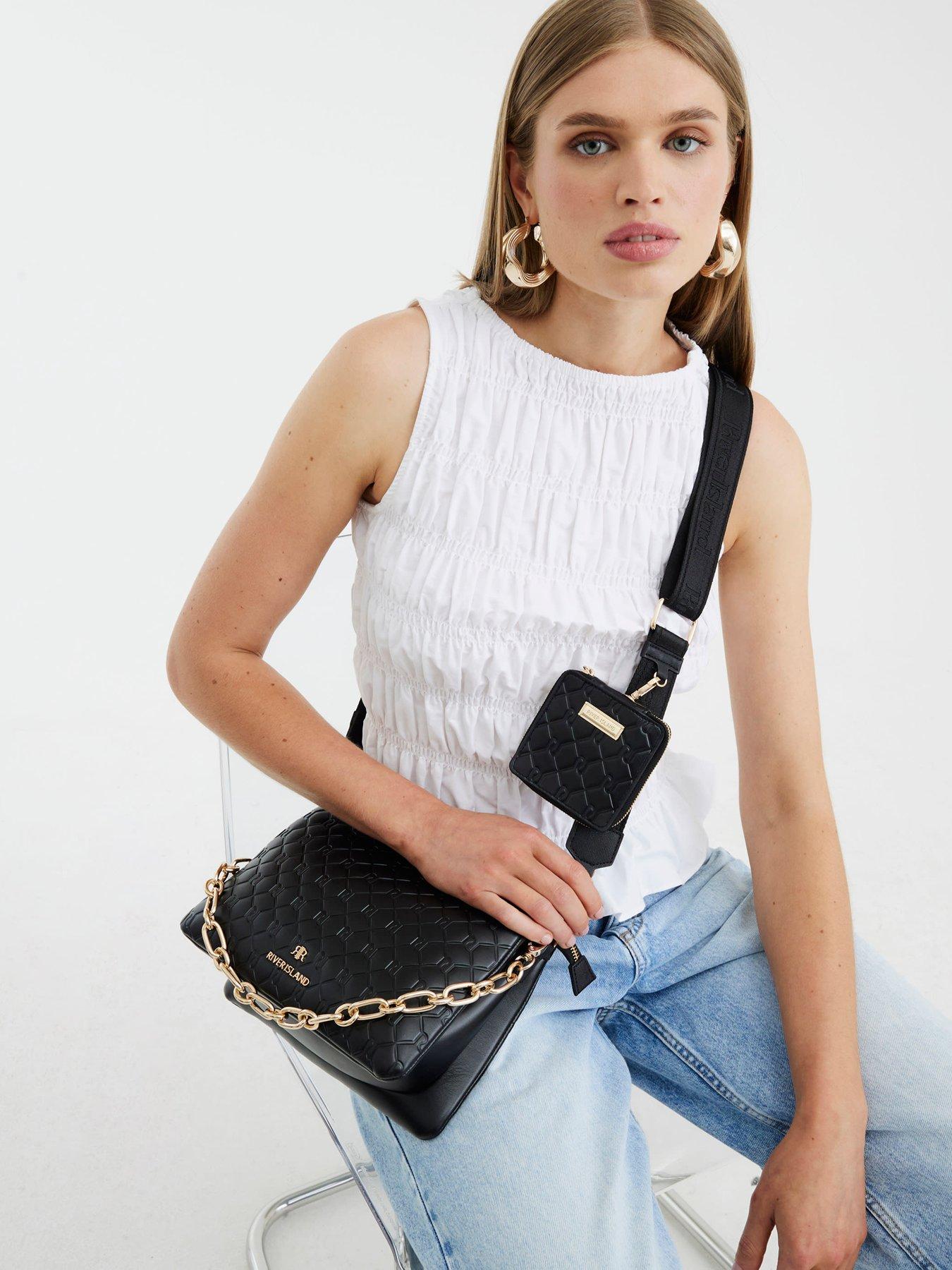 River Island 3776 Embossed Chain Tri Crossbody - Black