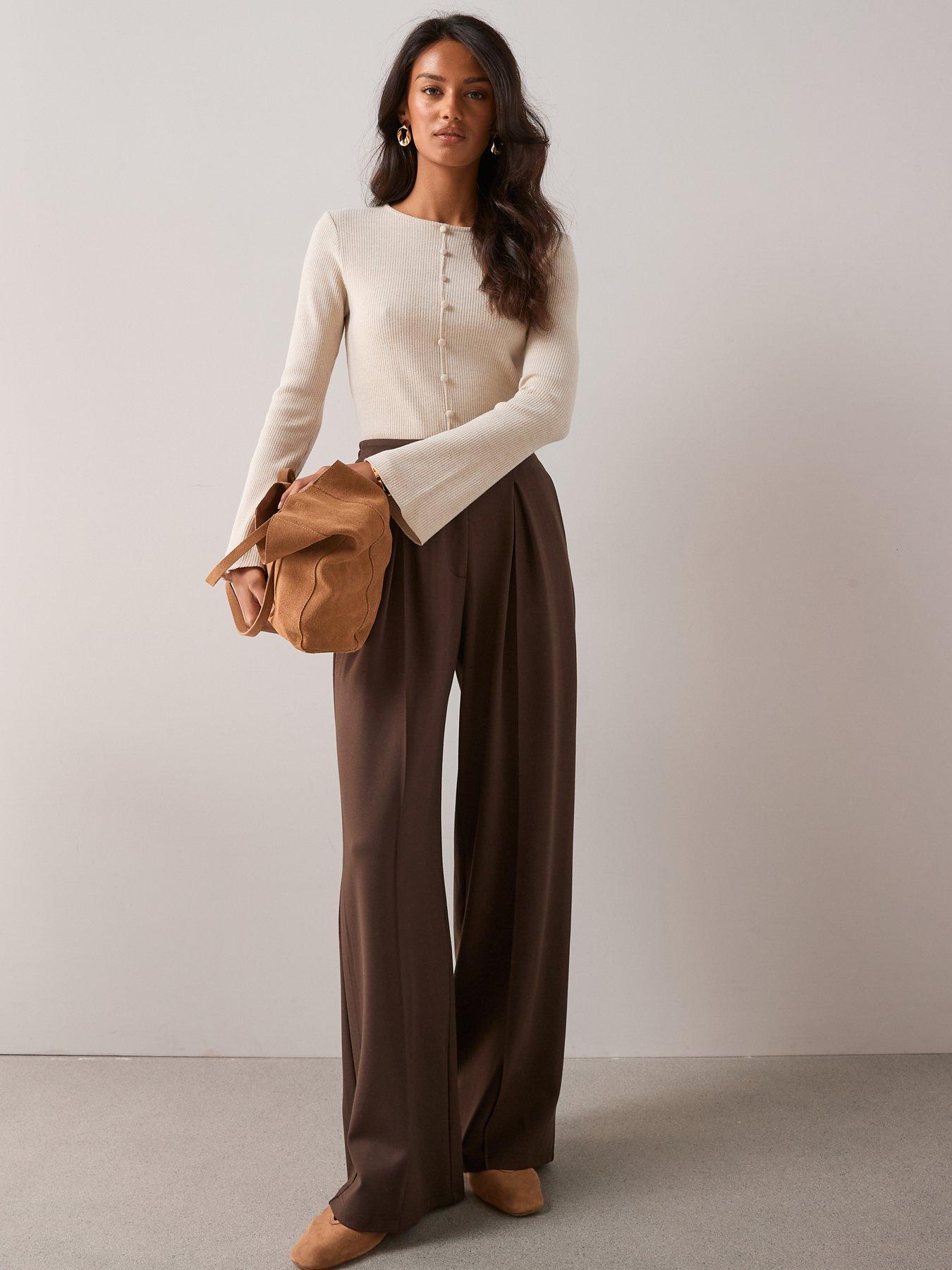 Image 6 of 7 of The Very Collection Ponte Wide Leg Pleated Trouser - Brown