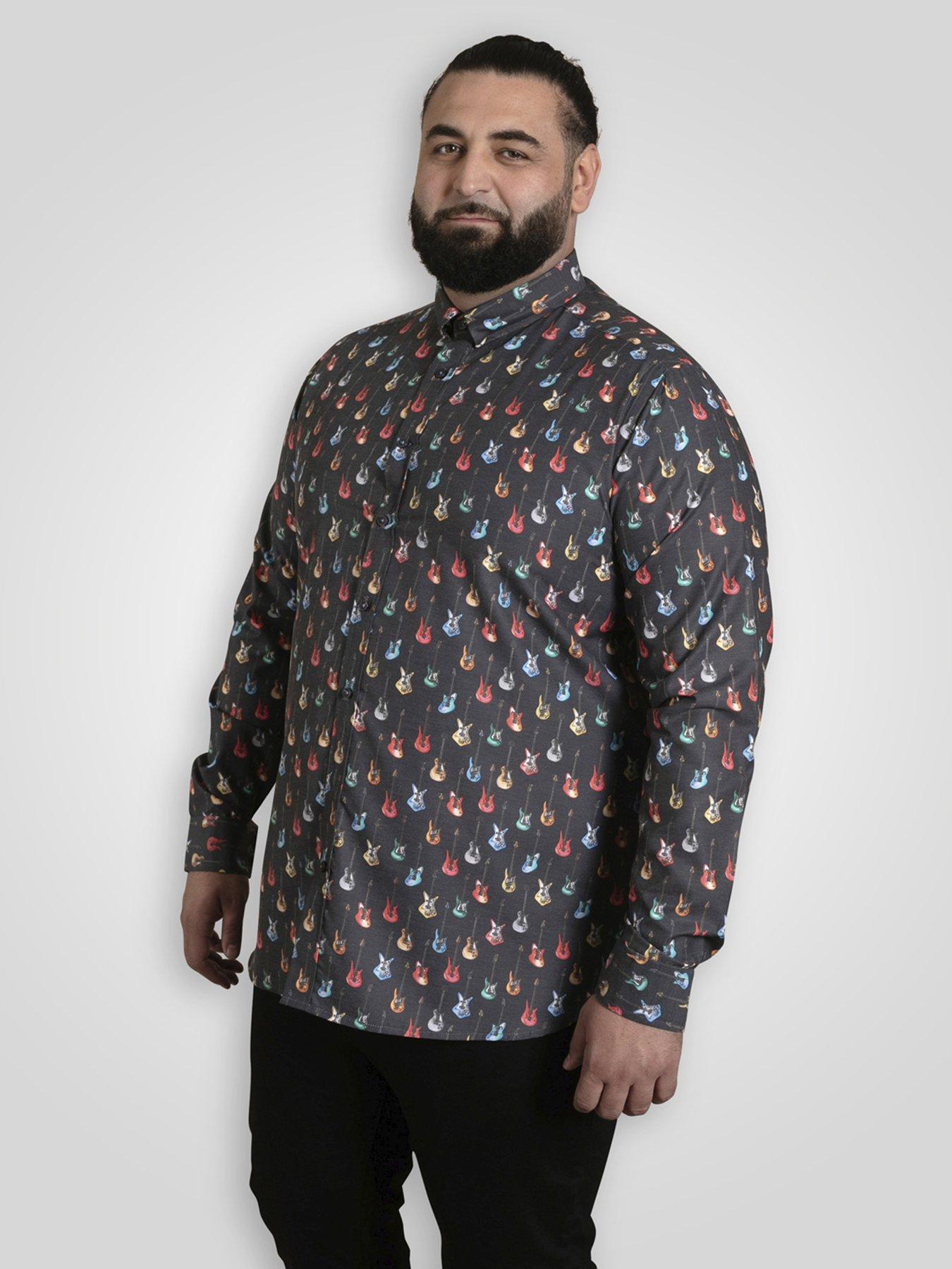 D555 Long Sleeve Guitar Printed Shirt With Chest Patch Pocket, Grey, Size 4Xl, Men