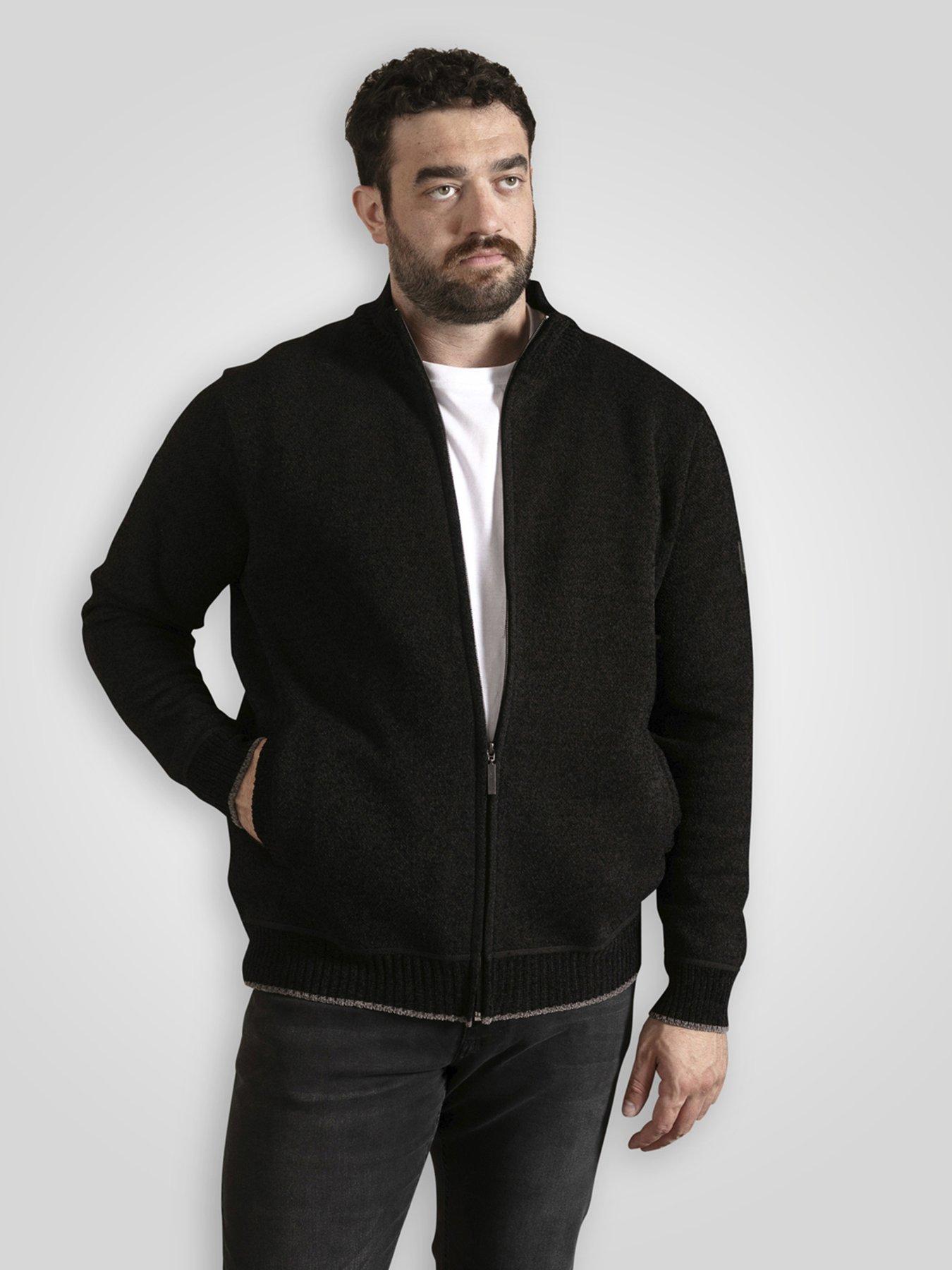 D555 Knitted Jumper Chenille Zip Through With Bonded Check Lining, Black, Size 4Xl, Men