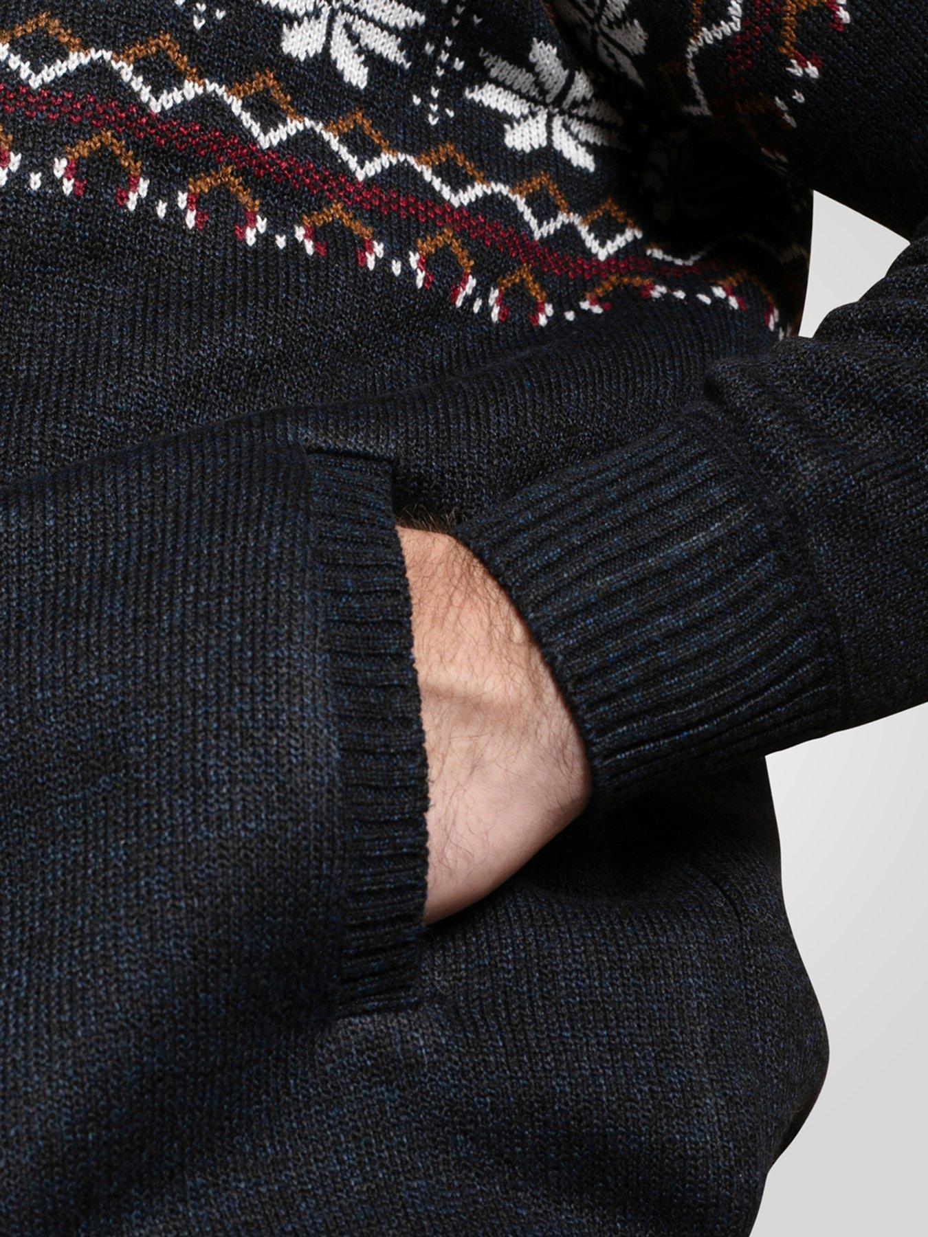 Image 4 of 6 of D555 1/4 Zip Knitted Jumper Fairisle With Bonded Check Lining - Navy