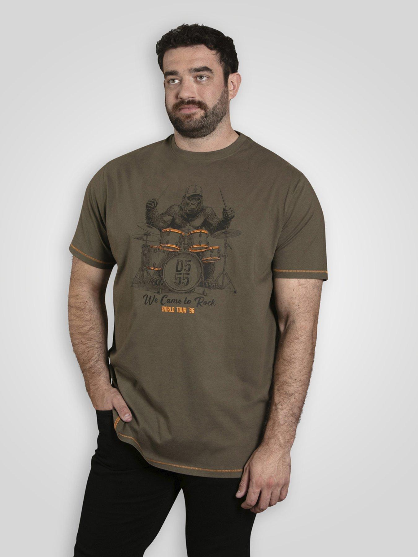D555 Gorilla Playing Drums Printed Crew Neck T-Shirt, Green, Size 6Xl, Men