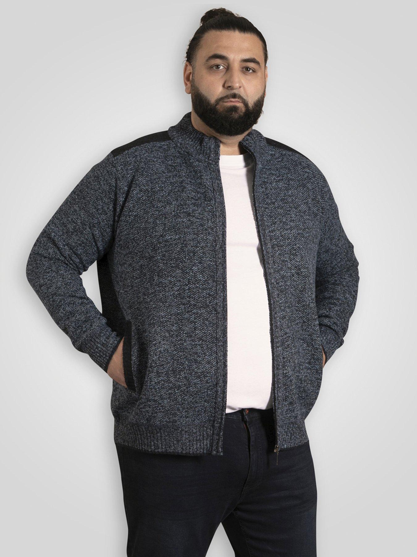 D555 Zip Through Knitted Jumper With Bonded Check Lining, Blue, Size 4Xl, Men