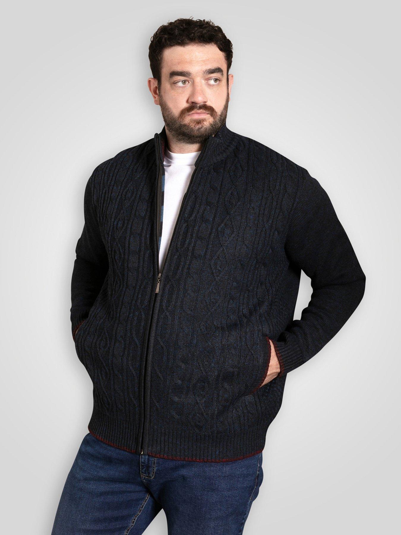 D555 Knitted Jumper Zip Through Cable With Bonded Check Lining, Navy, Size 4Xl, Men