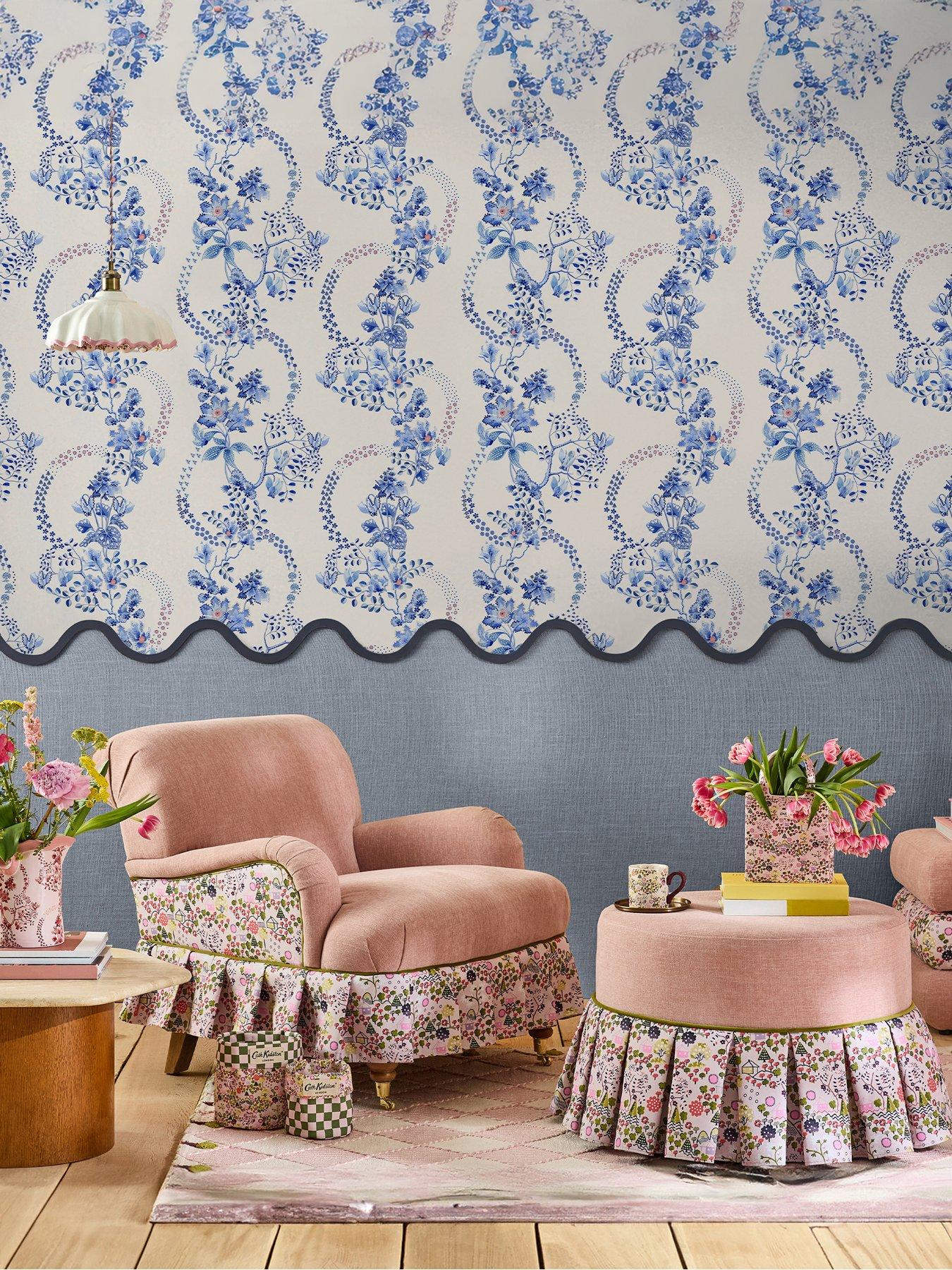 Cath Kidston Road Floral Blue  &  White Wallpaper