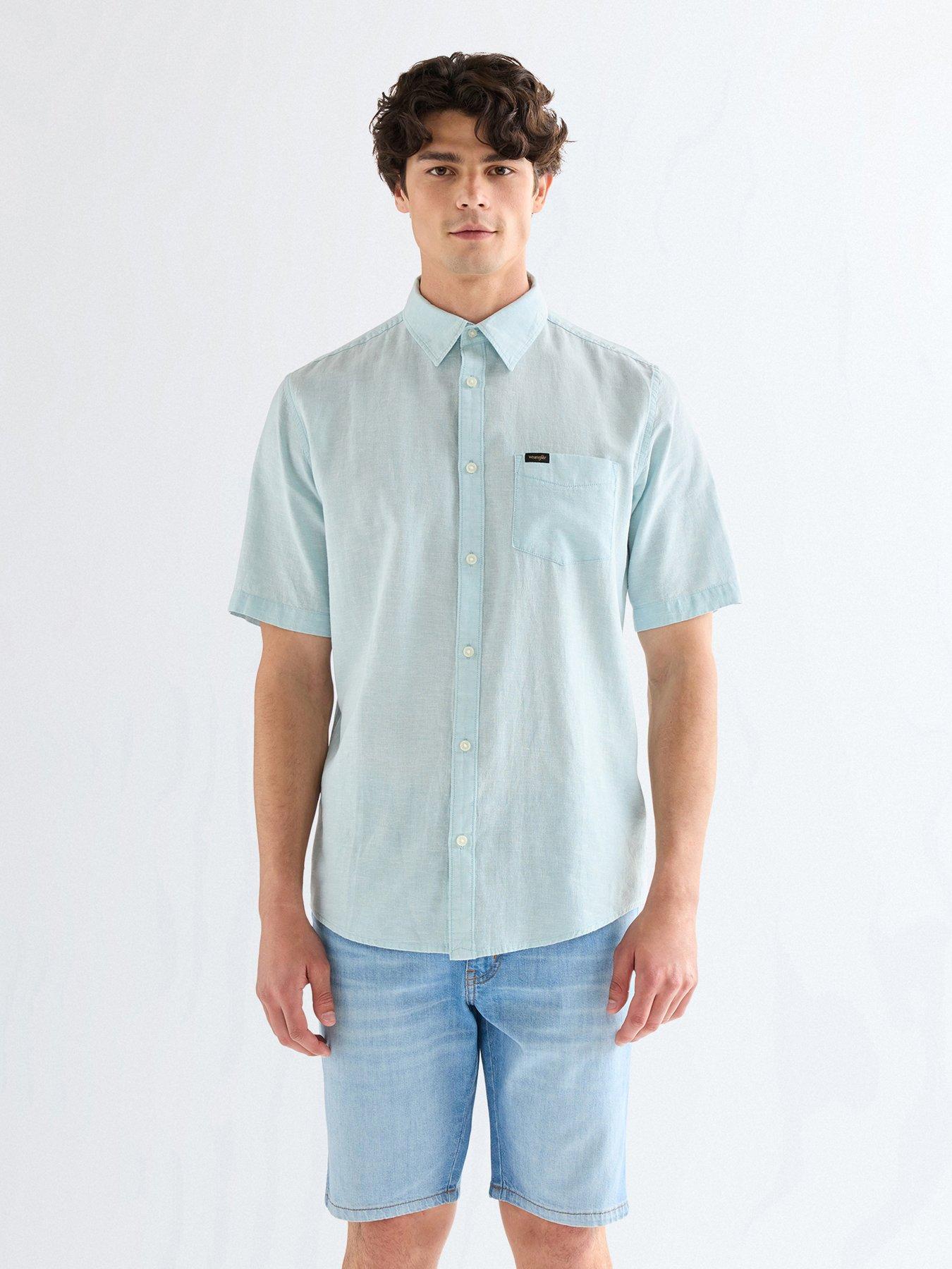 Wrangler Linen Blend Short Sleeve Shirt, Light Blue, Size L, Men