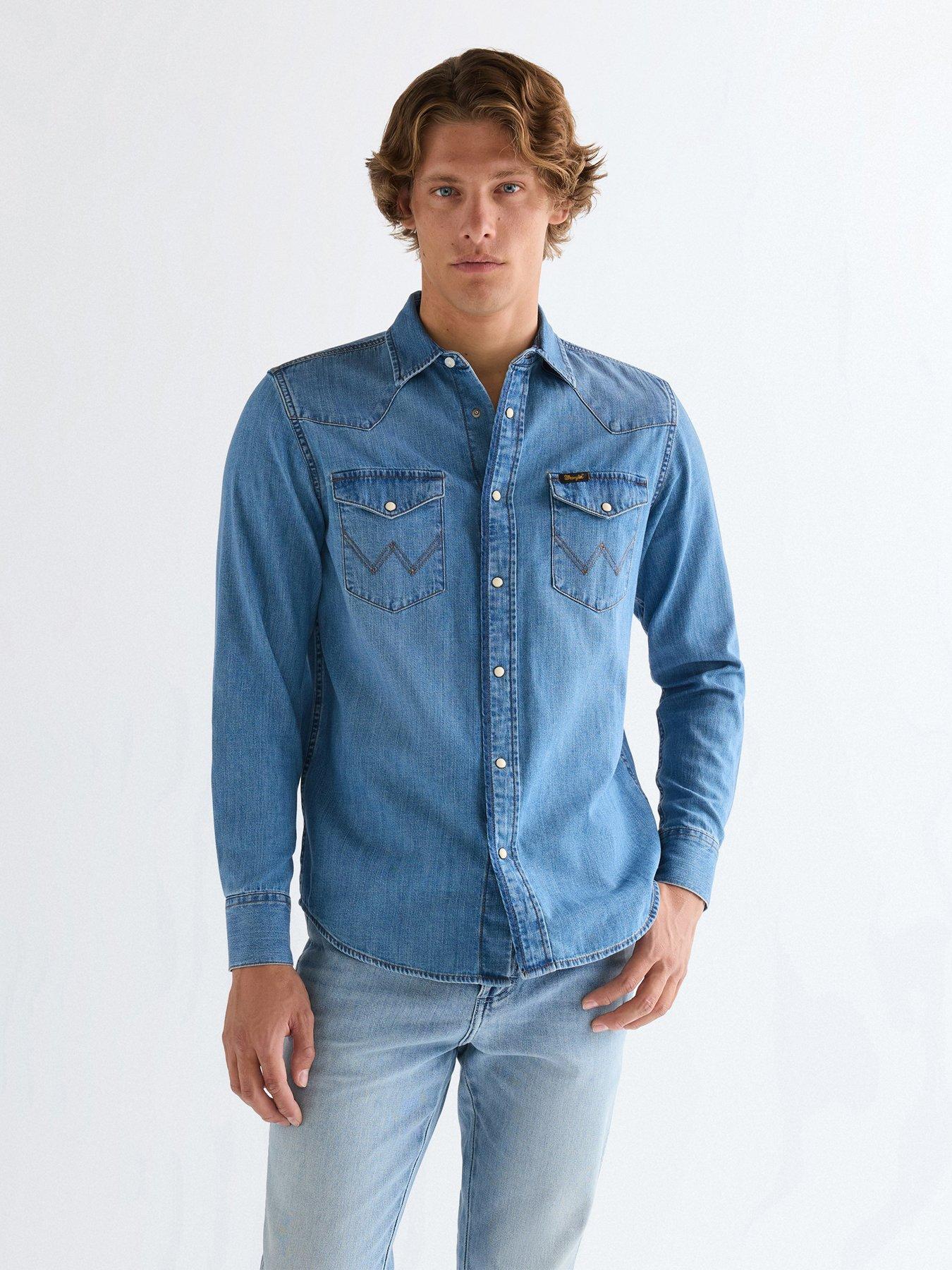 Wrangler Western Denim Long Sleeve Shirt, Blue, Size M, Men